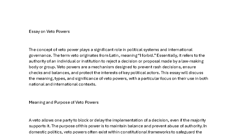 Essay on Veto Powers: Significance & Types in Politics - Studocu
