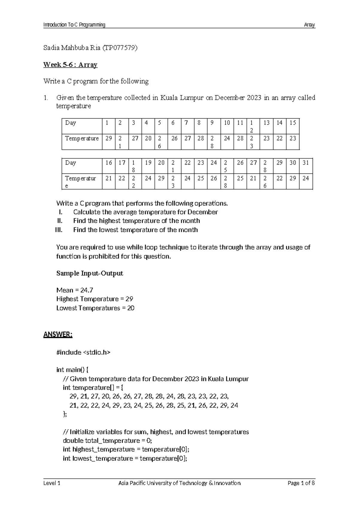 C Programming Array Operations - TP077579 Lab Report - Studocu