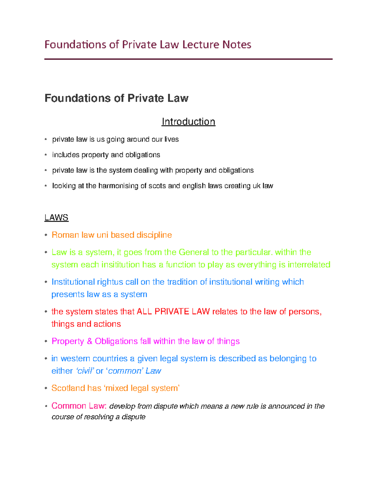 LAWS 101: Foundations of Private Law Lecture Notes Overview - Studocu