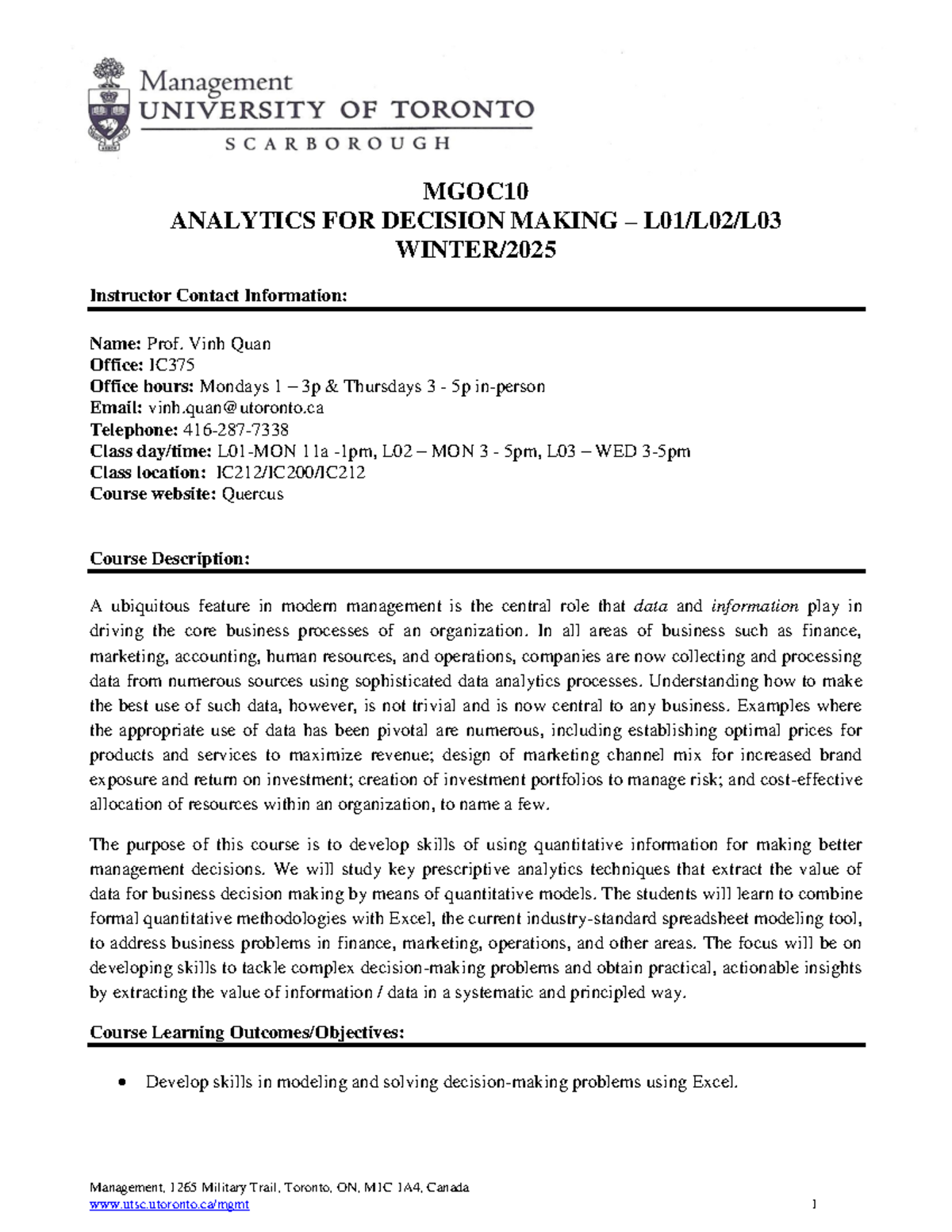 MGOC10 - Analytics for Decision Making Course Outline Winter 2025 - Studocu