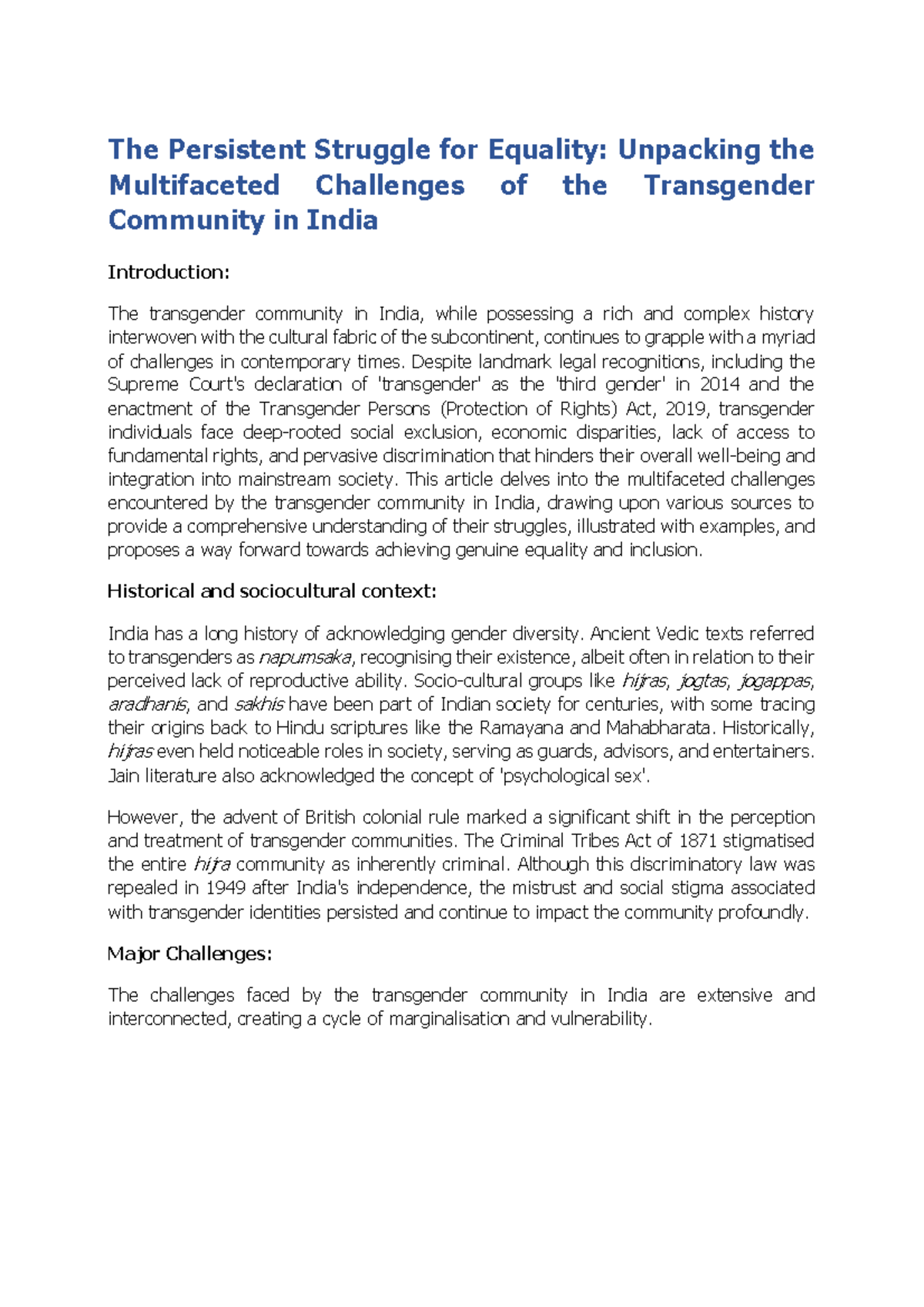 Transgender Issues in India: Challenges and Paths to Equality - Studocu