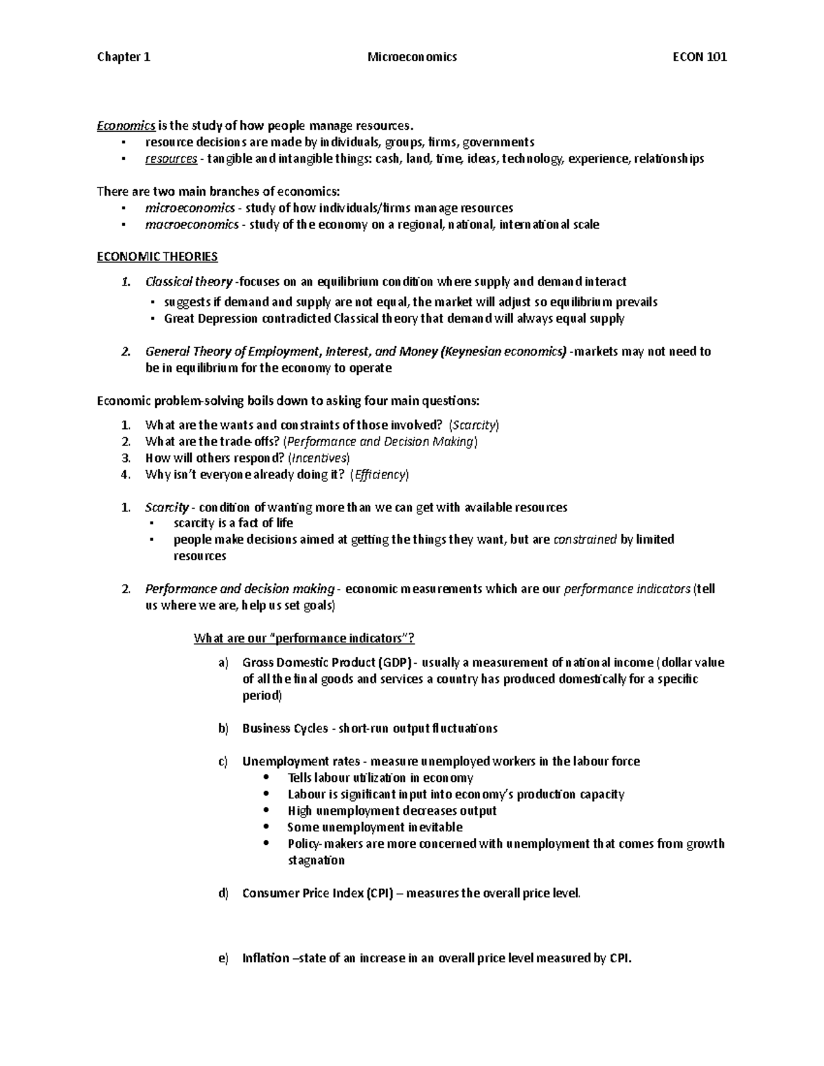 Chapter 1 Lecture Notes (ECON 101) - Economics is the study of how ...
