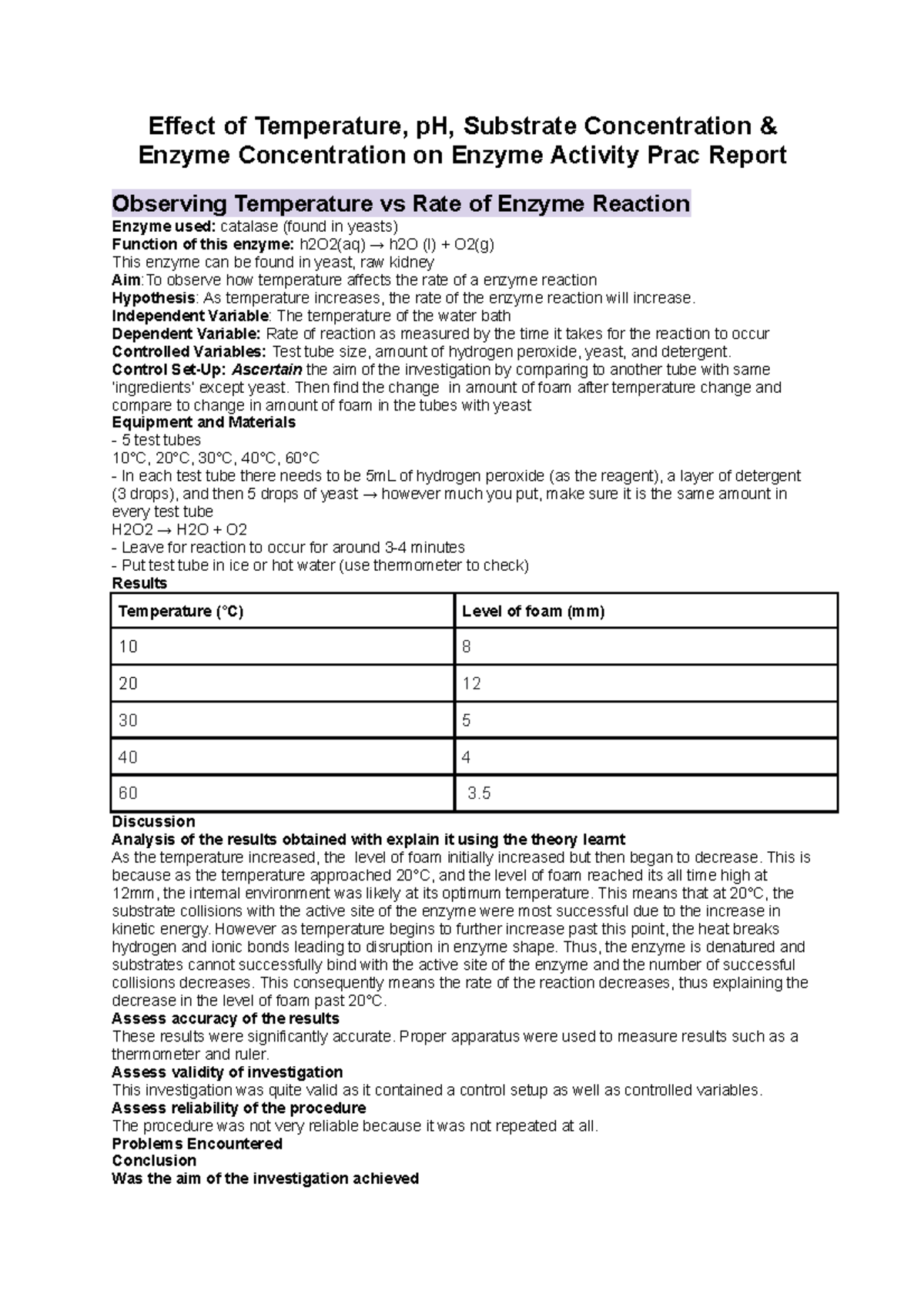 Biology Lab Report: Rate of Enzyme Reaction Prac (Temperature, pH ...