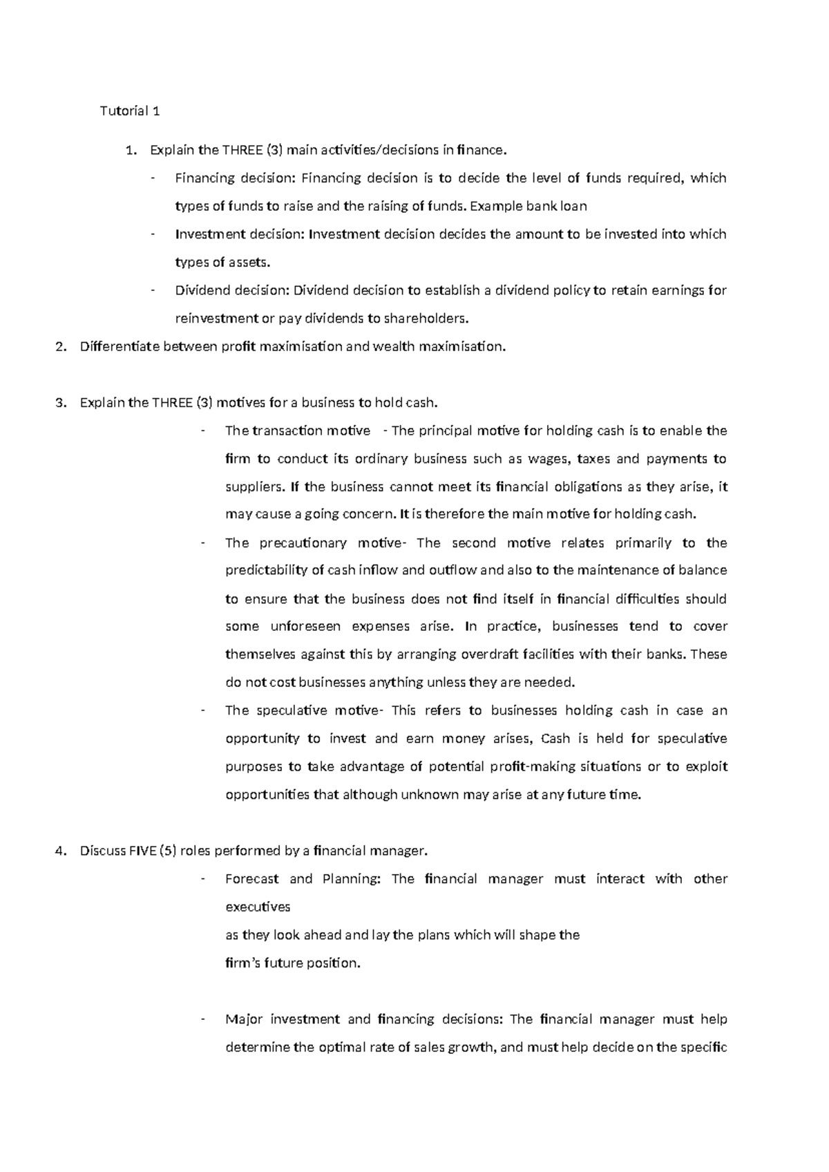 Tutorial 1: Principles of Finance - Key Concepts and Decisions - Studocu
