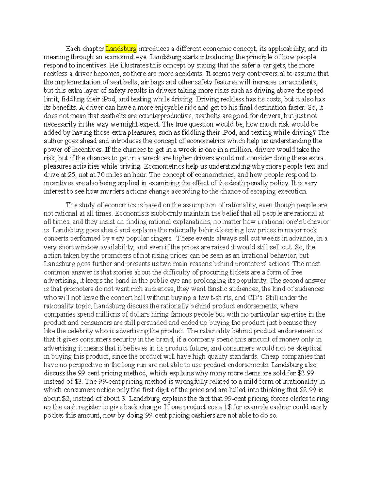 Book Review - Armchair Economist - Each chapter Landsburg introduces a