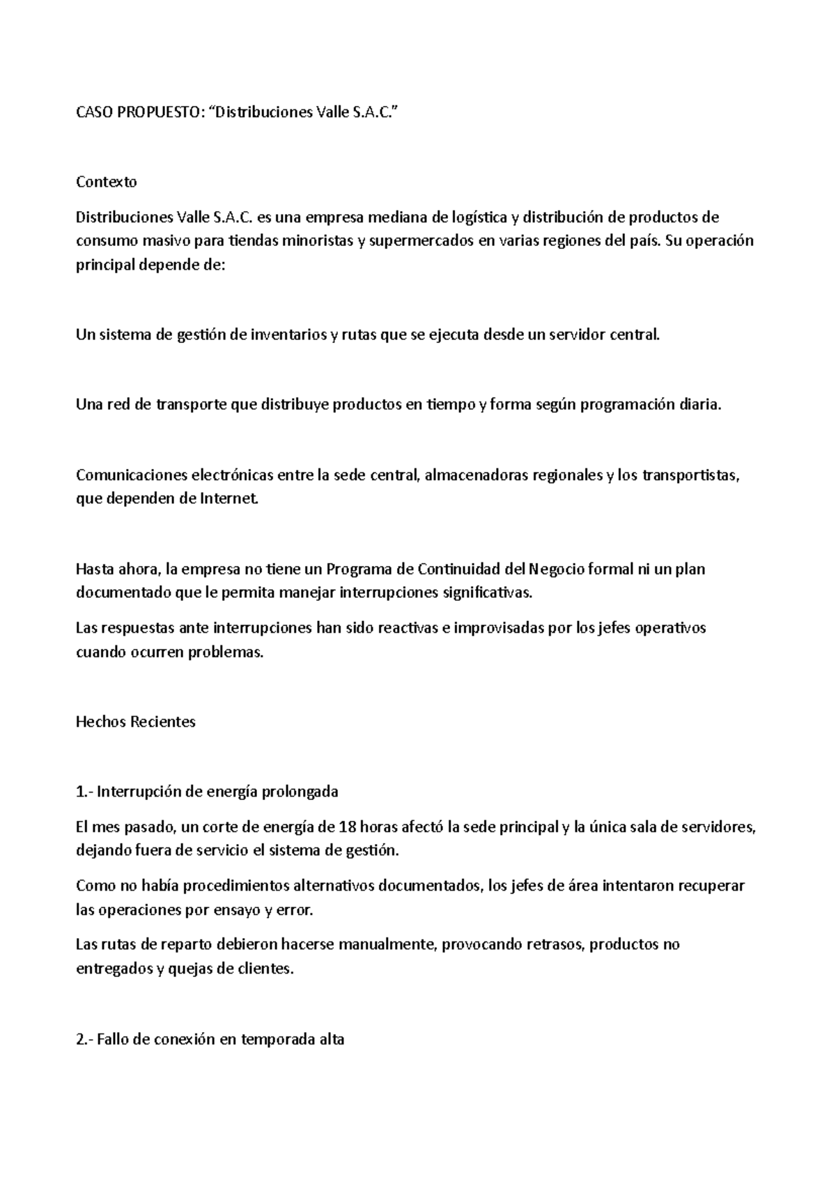Caso de Estudio: Continuidad del Negocio en Distribuciones Valle S.A.C ...