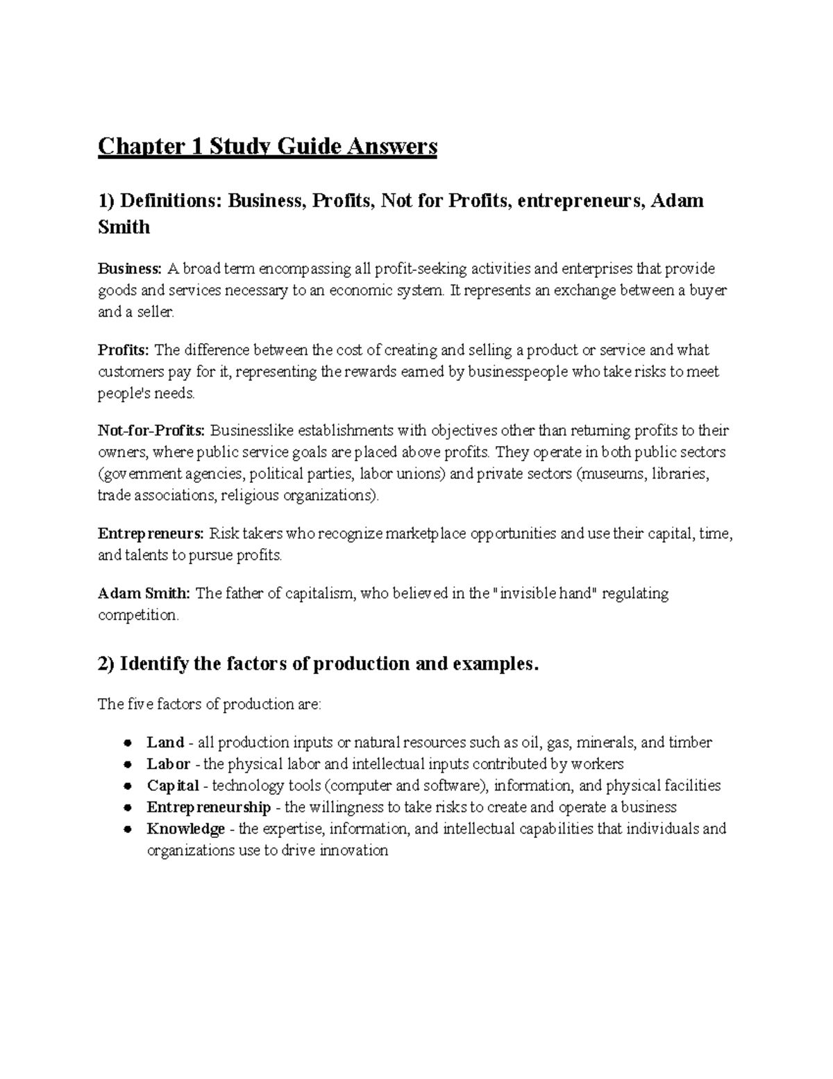 BUS 101 Chapter 1 & 2 Study Guide: Key Concepts & Definitions - Studocu