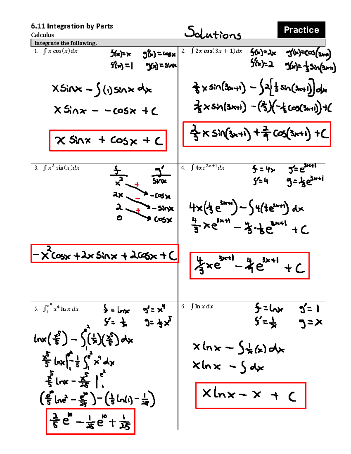 Calculus C5: Integration by Parts Practice Problems and Solutions - Studocu