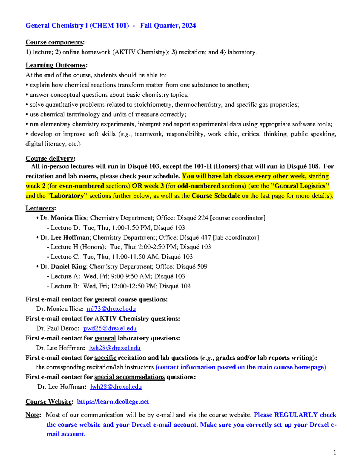 CHEM 101 Syllabus and Course Guide for Fall 2024 - Studocu