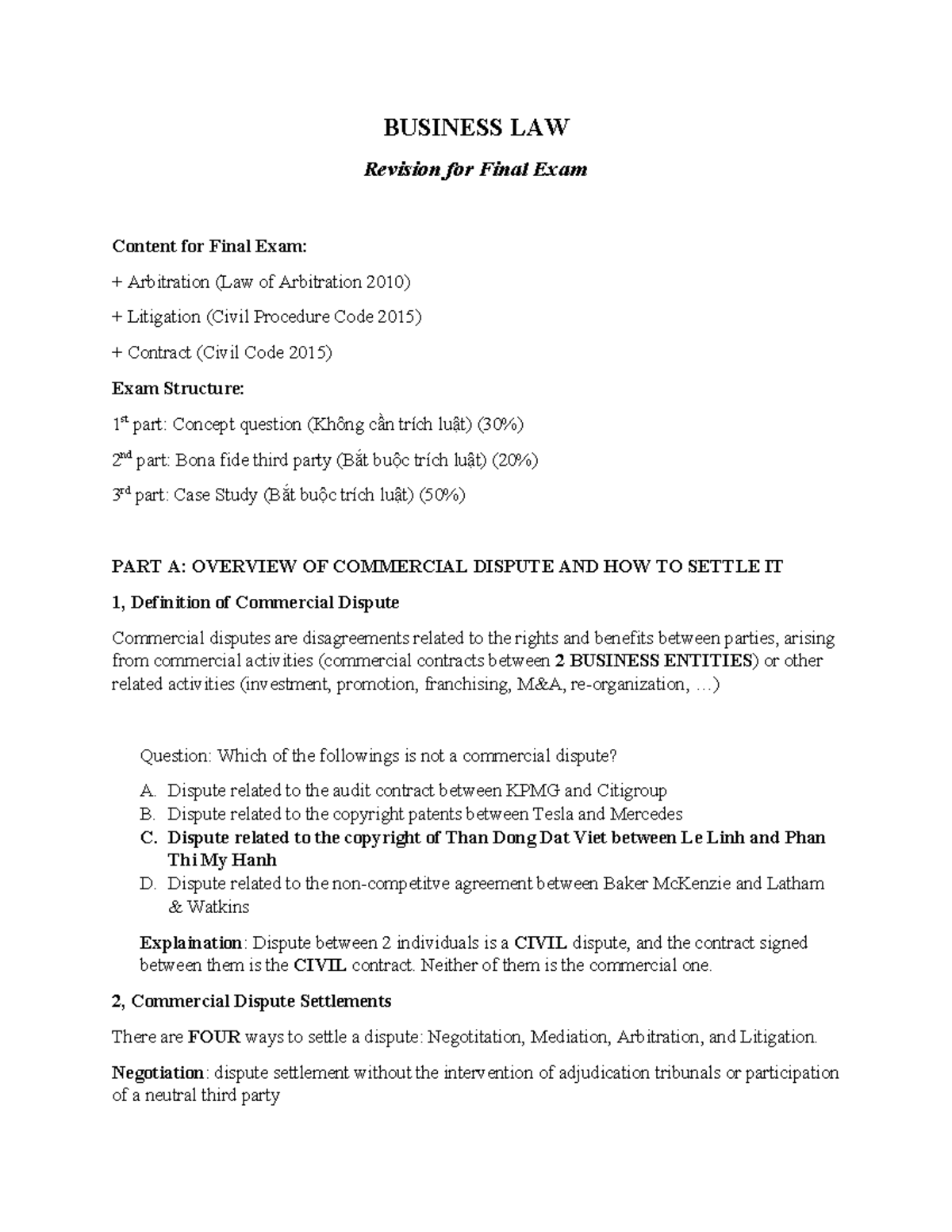 BUSINESS LAW 506880870: Final Exam Revision Notes - Studocu
