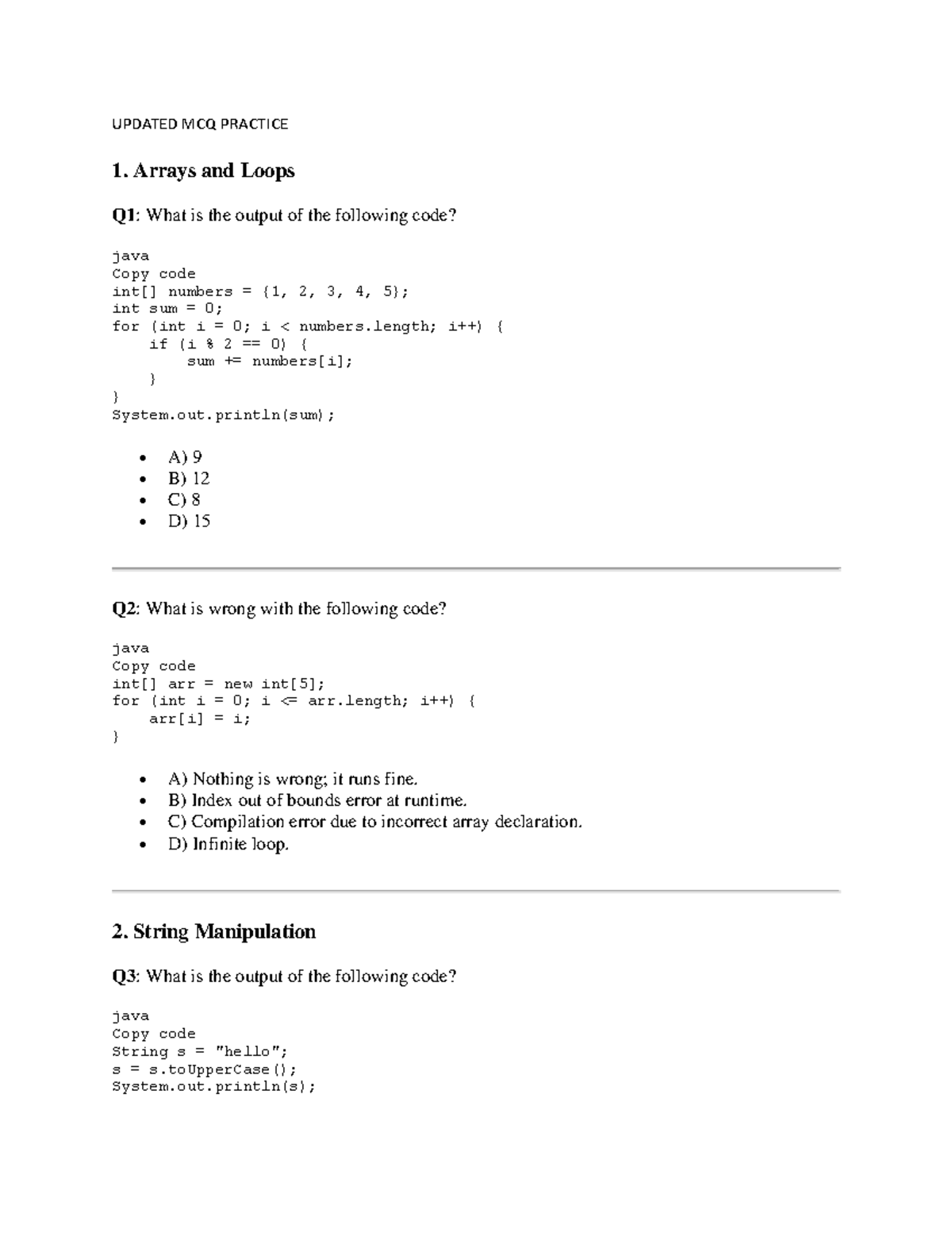 Updated MCQ Practice - Test 2 Questions on Arrays, Loops, and OOP ...