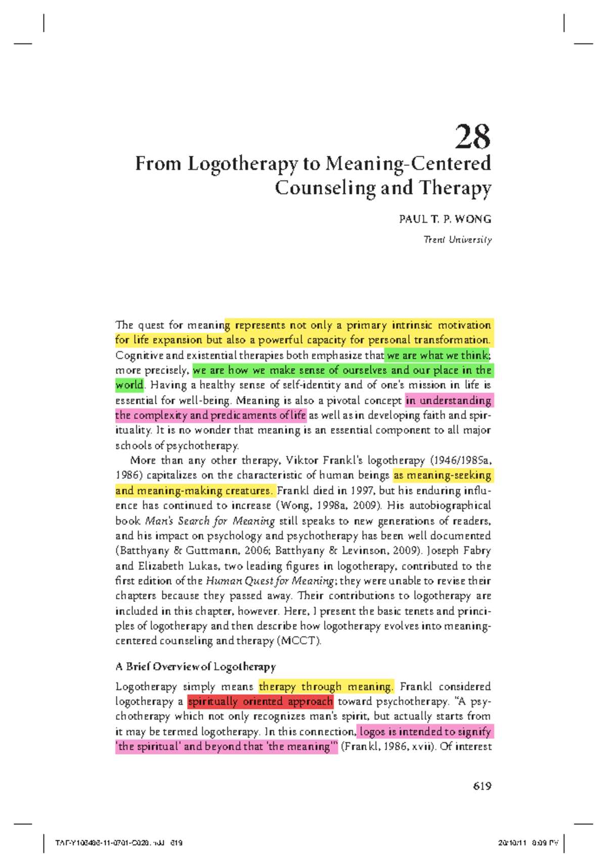 From Logotherapy to Meaning-Centered Counseling and Therapy (PAUL T. P ...