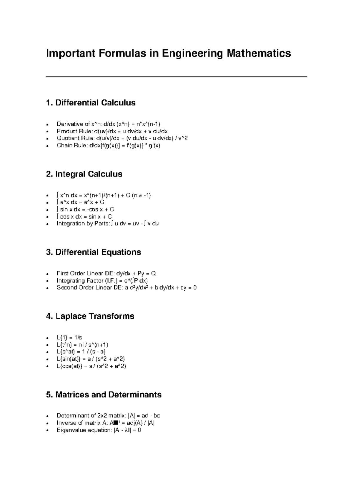 Engineering Mathematics 1: Key Formulas and Concepts - Studocu