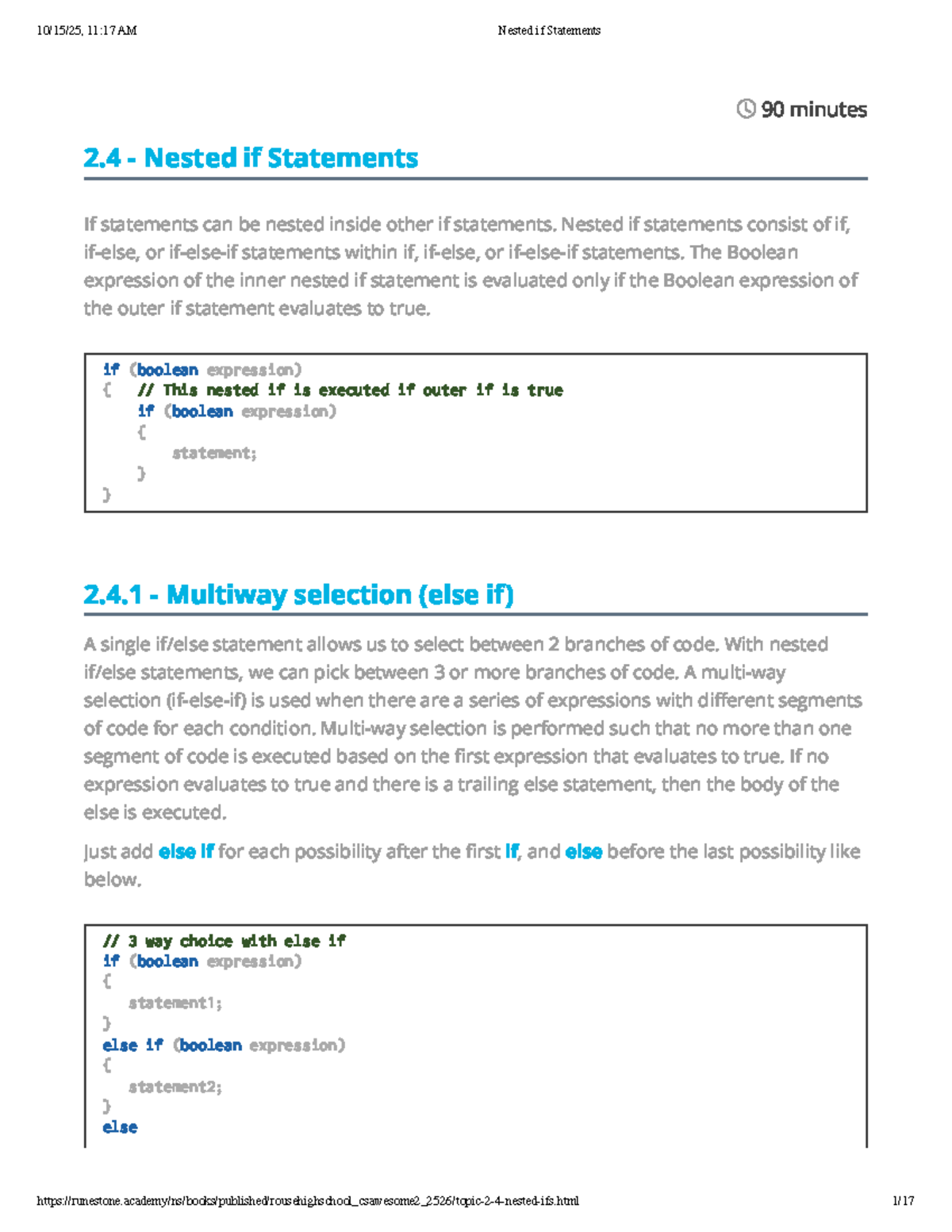 CSAwesome 2: Nested If Statements Overview and Activities - Studocu