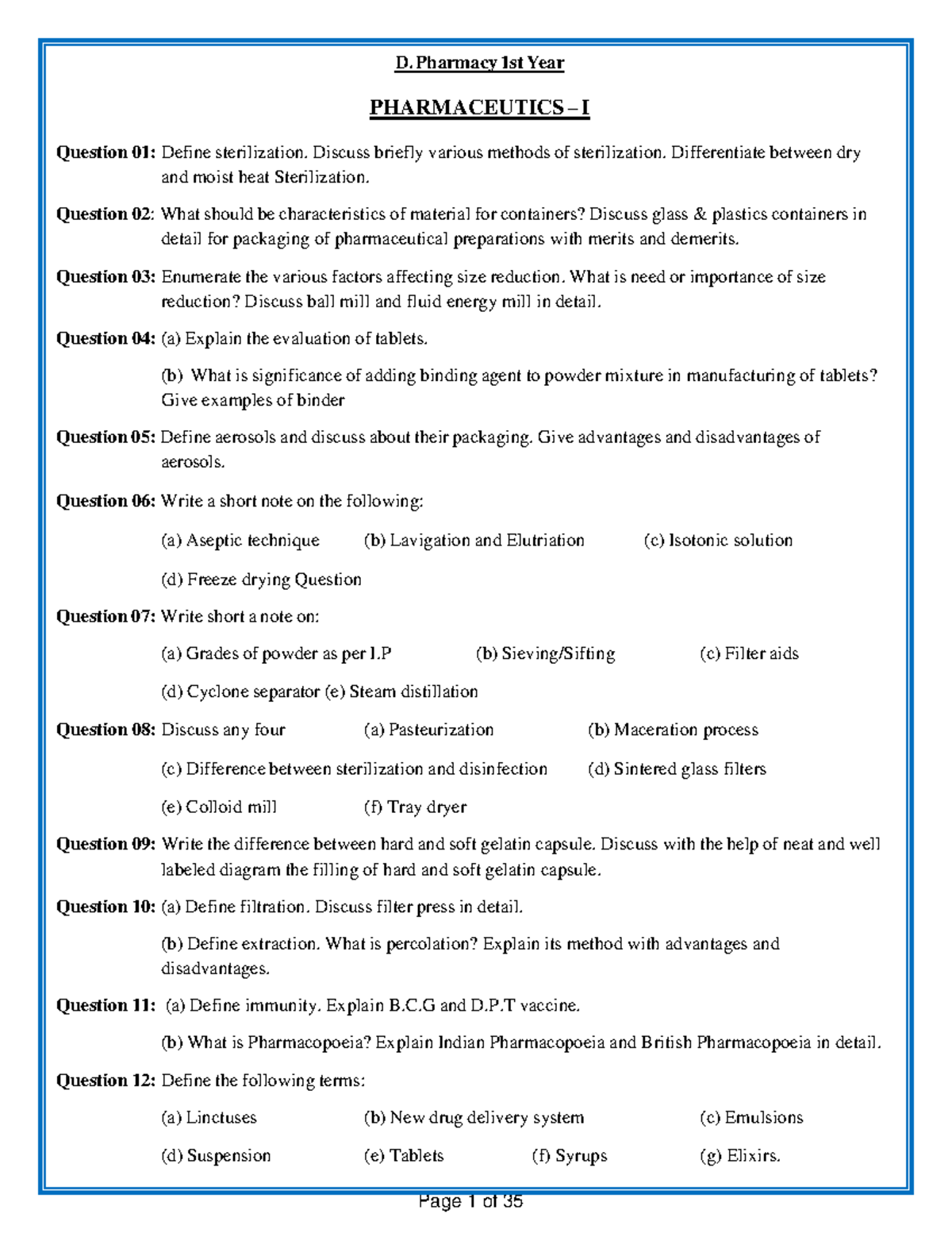 D. Pharmacy 1st Year PHARMACEUTICS I Comprehensive Study Notes - Studocu