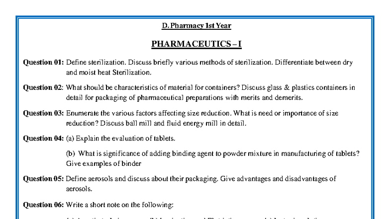D. Pharmacy 1st Year PHARMACEUTICS I Comprehensive Study Notes - Studocu