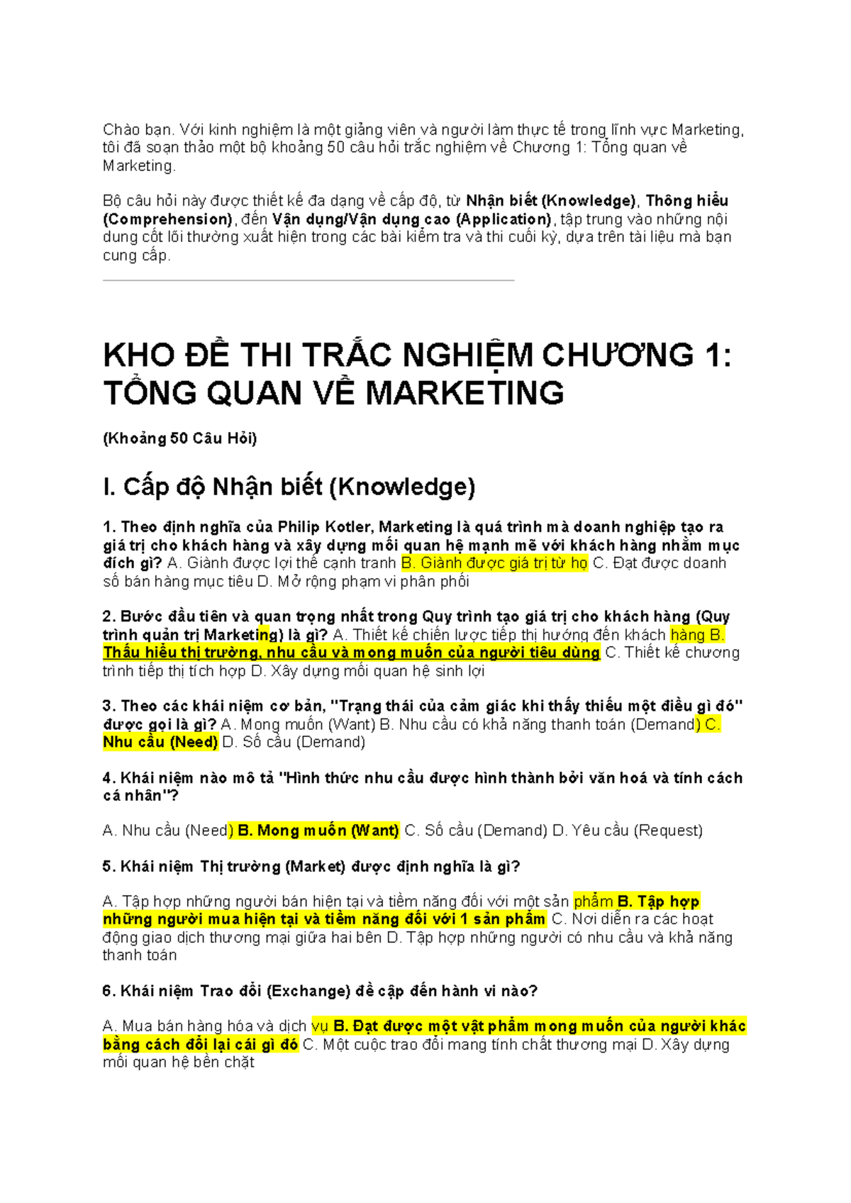 50 Câu Hỏi Trắc Nghiệm Chương 1 & 2: Nguyên Lý Marketing - Document Preview