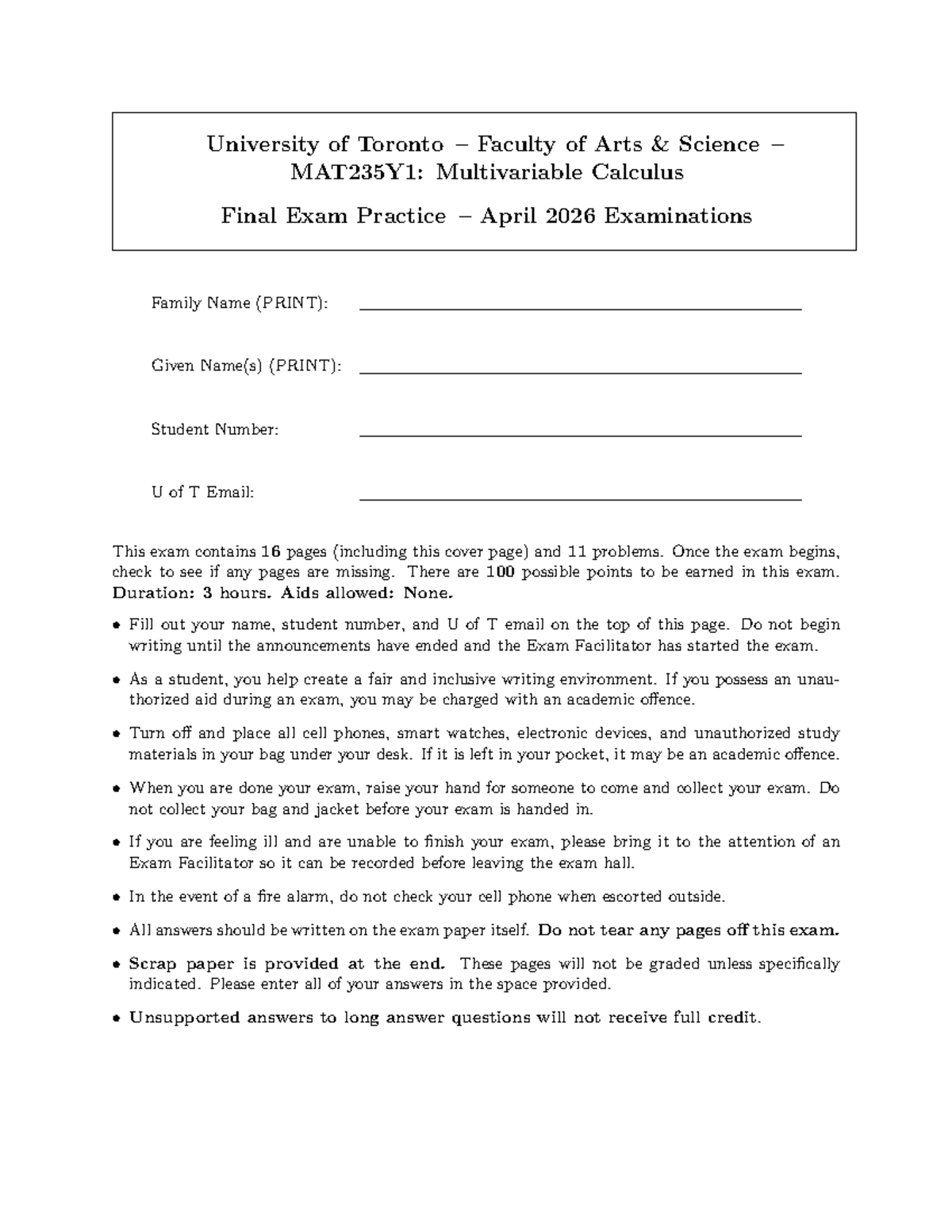 MAT235Y1: Multivariable Calculus Final Exam Practice Guide - Studocu