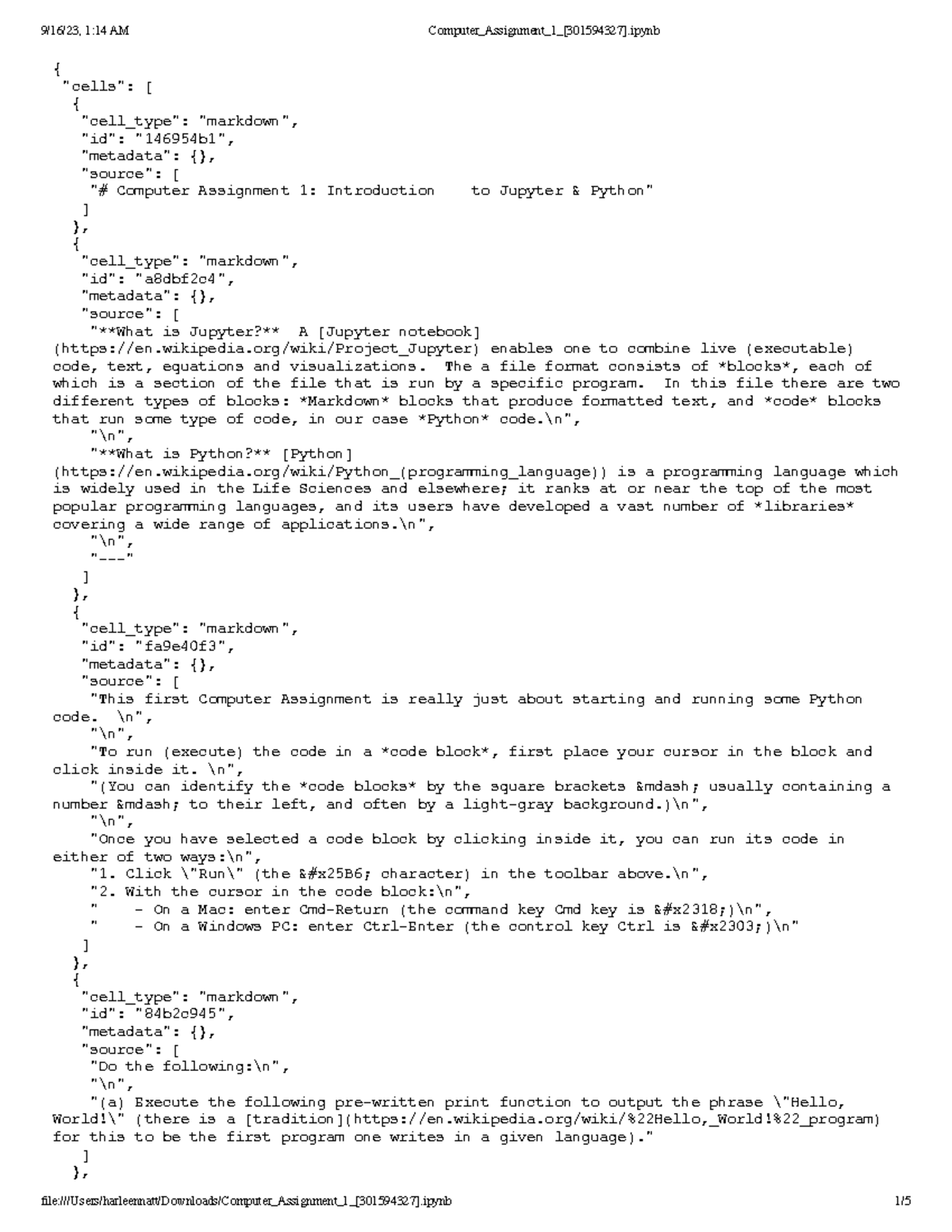 Computer Science Assignment 1: Basics of Jupyter & Python [301594327 ...