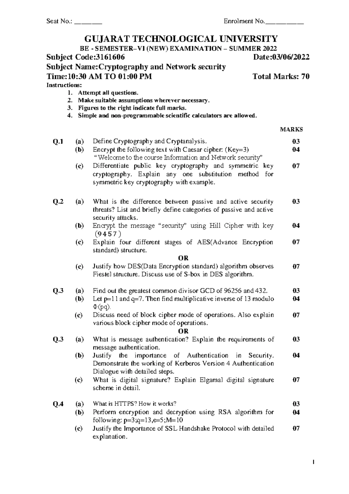 3161606 - Cryptography & Network Security Exam Paper Winter 2023 - Studocu
