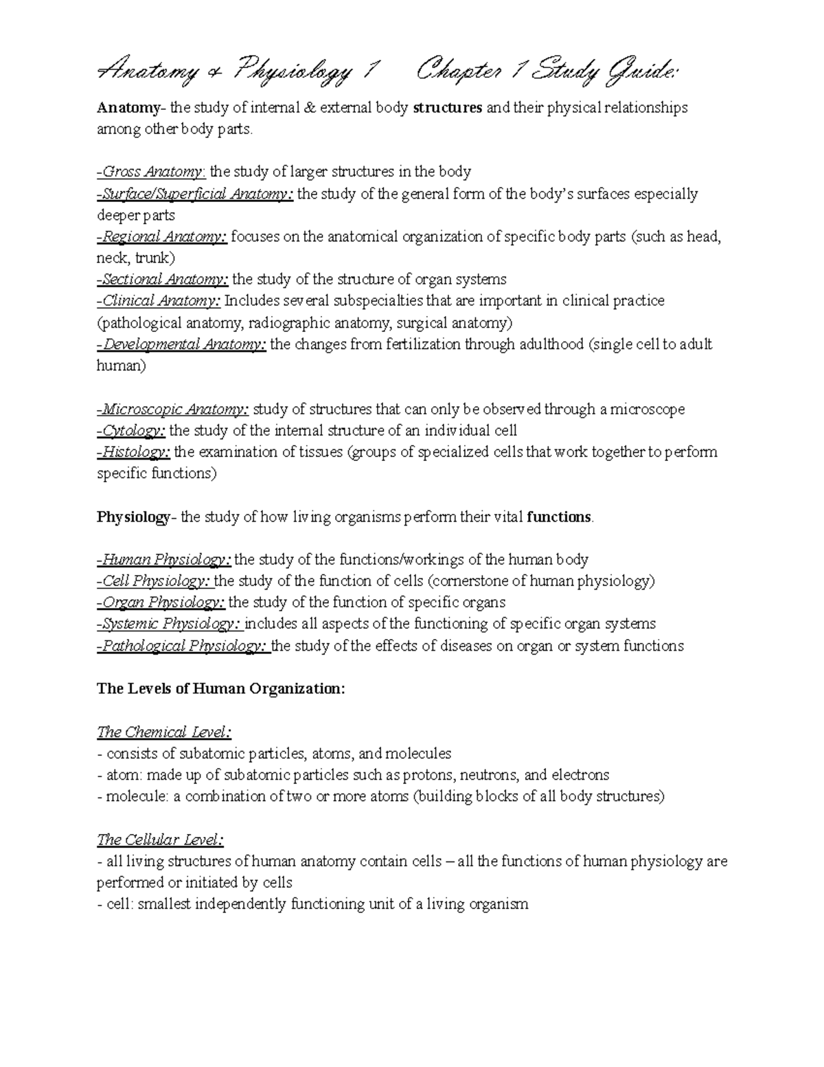 Anatomy and Physiology: Comprehensive Study Guide for Ch 1 Exam - Studocu