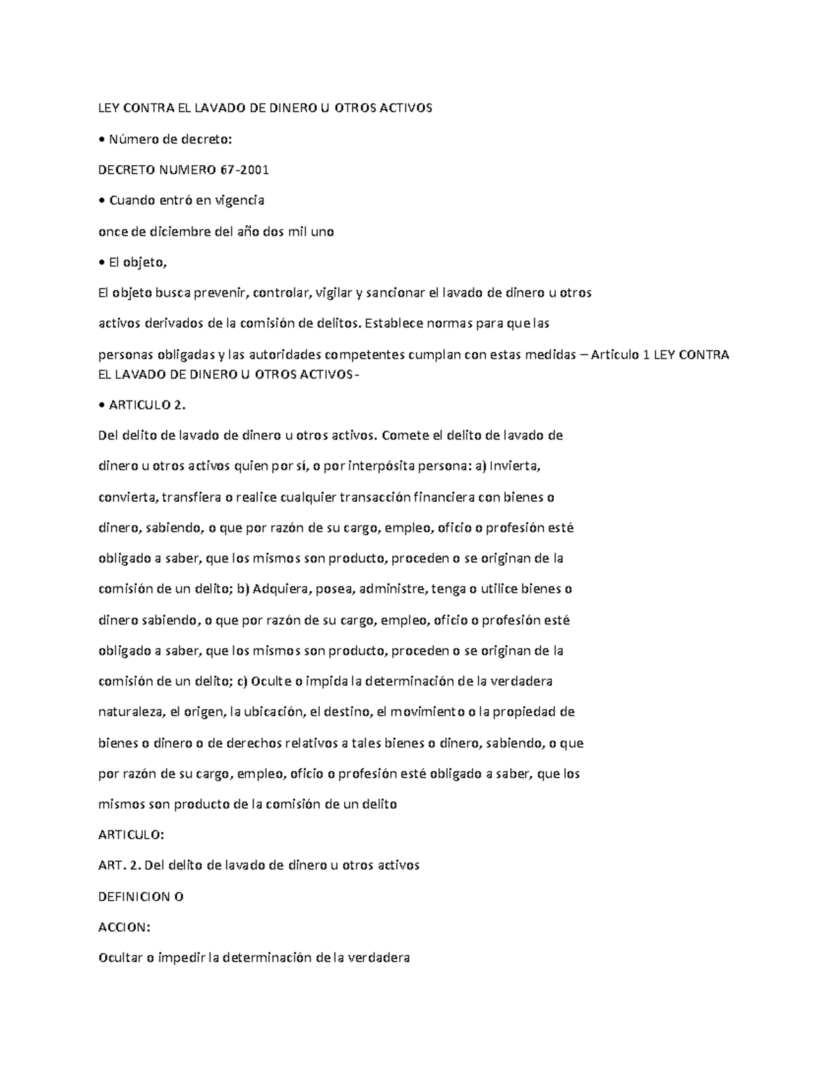 Tarea Penal: Ley Contra el Lavado de Dinero y Activos (Decreto 67-2001 ...