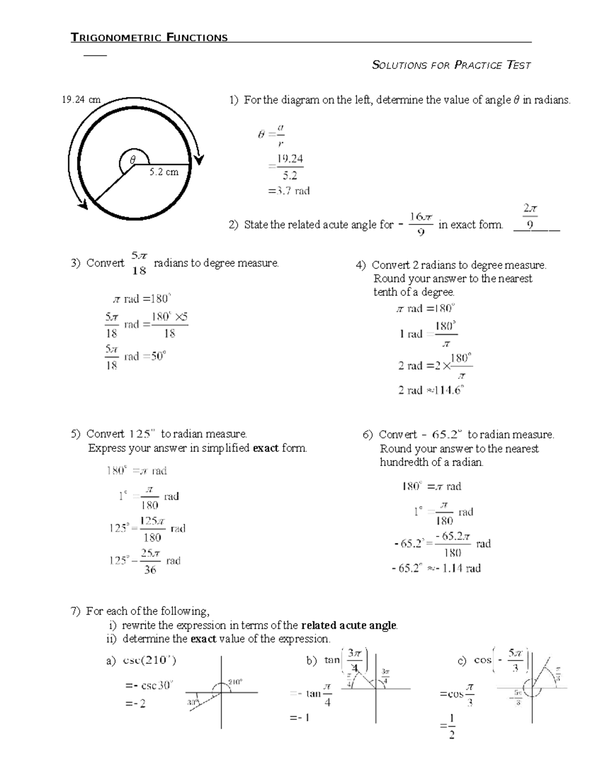 TRIGONOMETRIC FUNCTIONS PRACTICE TEST SOLUTIONS - Studocu
