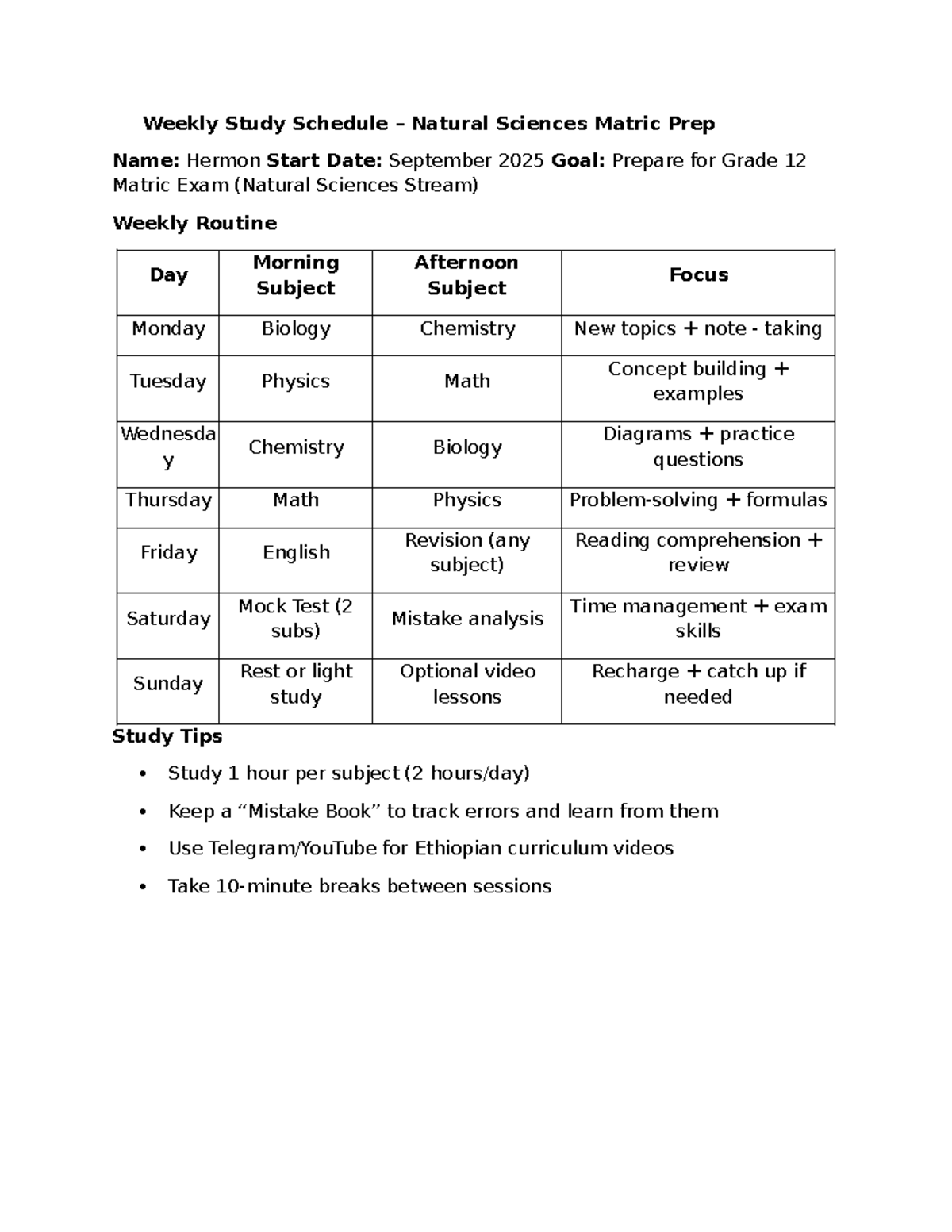 Weekly Study Schedule for Natural Sciences Matric Prep - Studocu