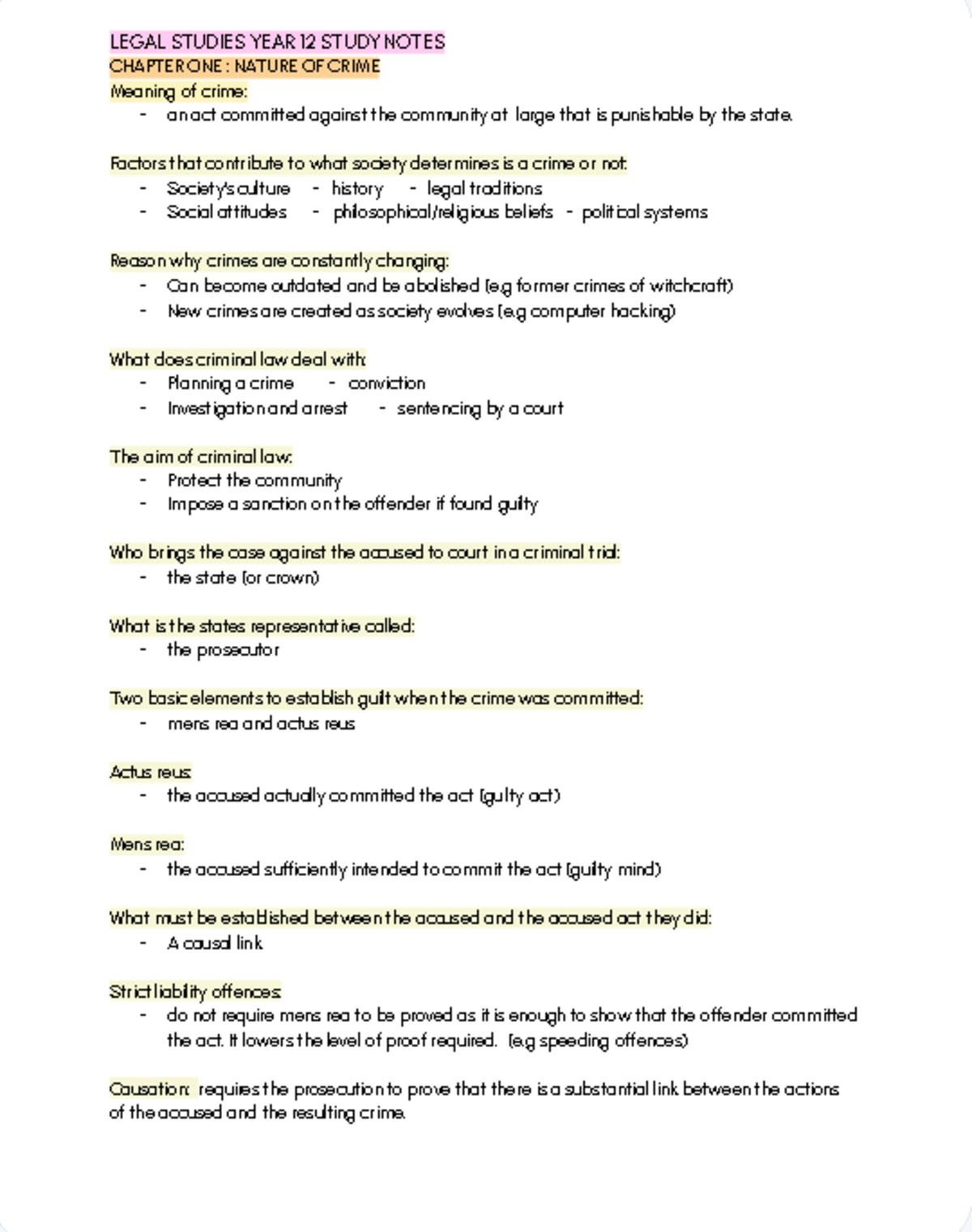Legal Studies Year 12: Chapter 1 - Nature of Crime Notes - Studocu