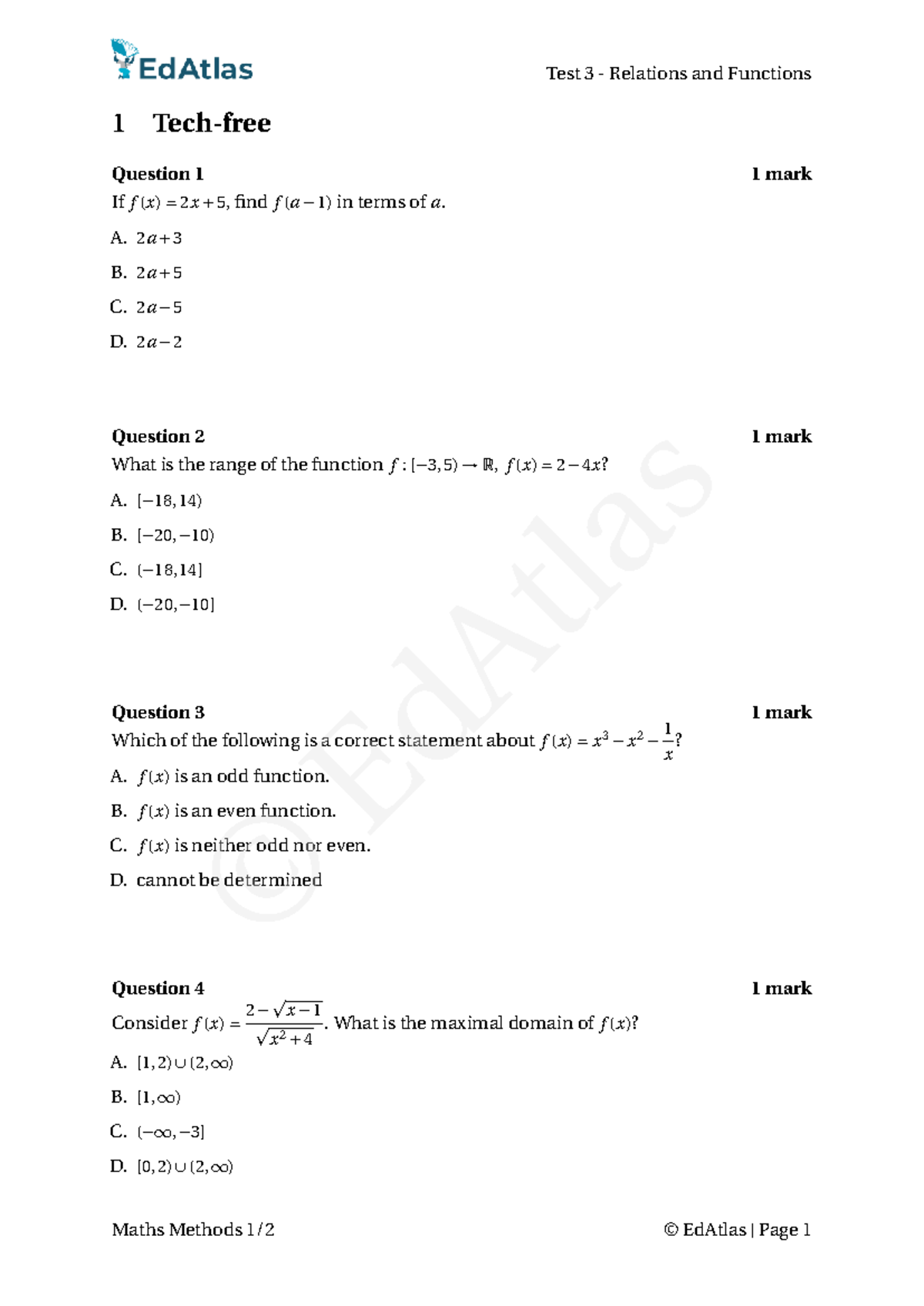 Test 3 - Relations and Functions Questions (Maths Methods) - Studocu