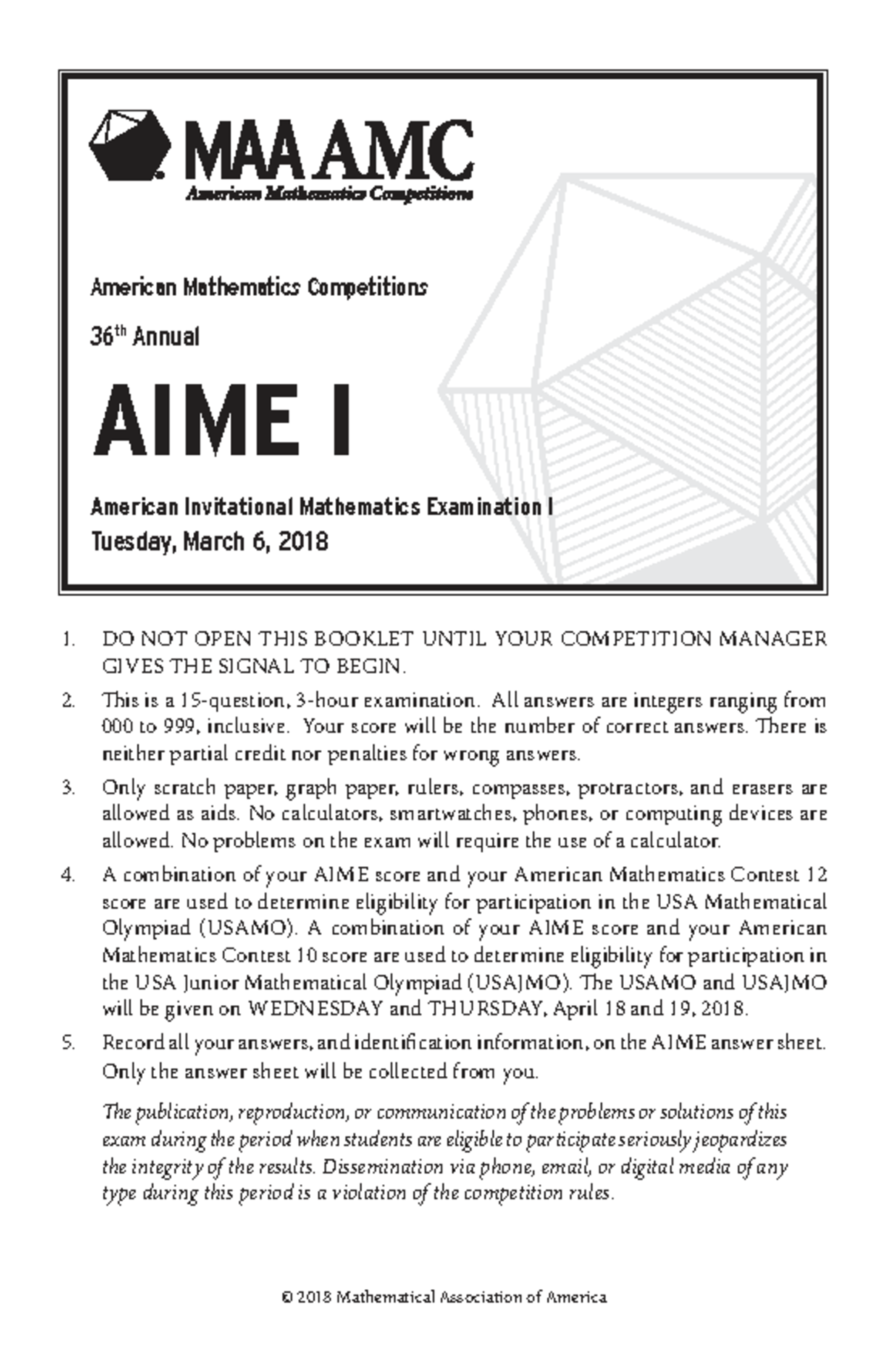 2018 AIME I Problems - American Mathematics Competitions - Studocu