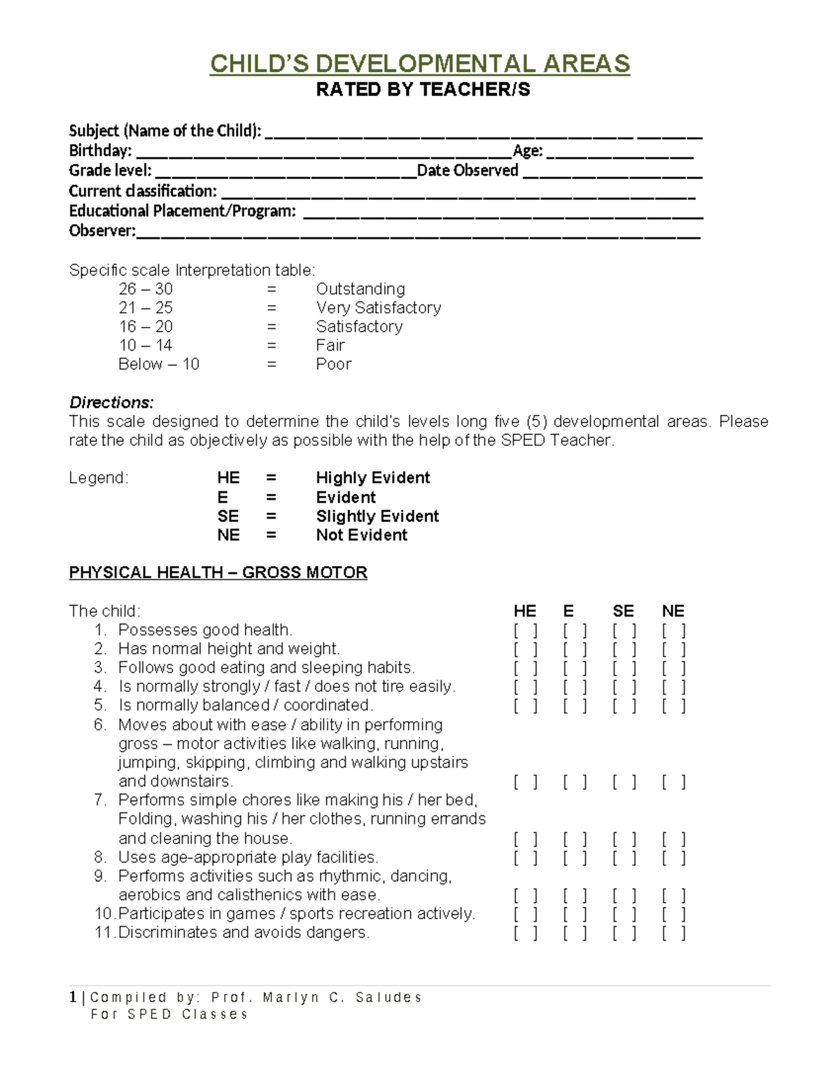 Observation and Interview Guide - CHILD’S DEVELOPMENTAL AREAS RATED BY ...