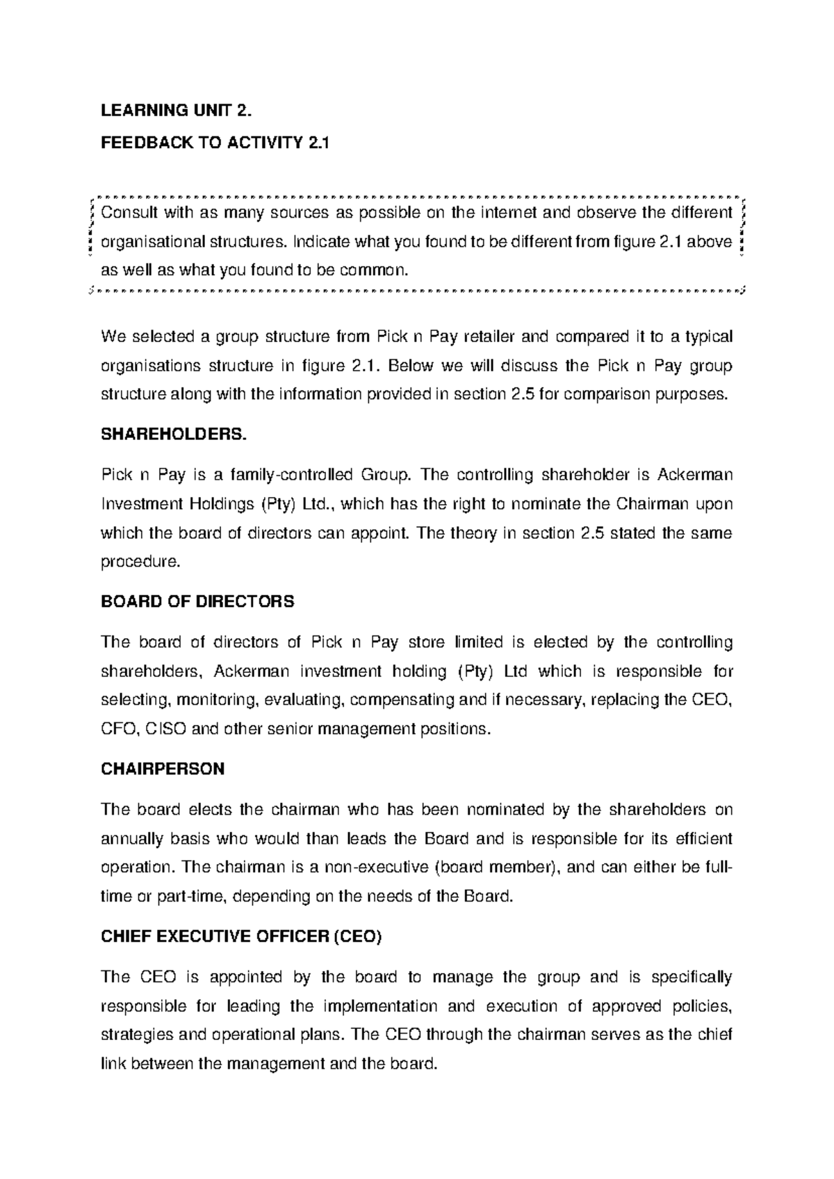 Learning unit 02 Feedback on activity 2 - LEARNING UNIT 2. FEEDBACK TO ...