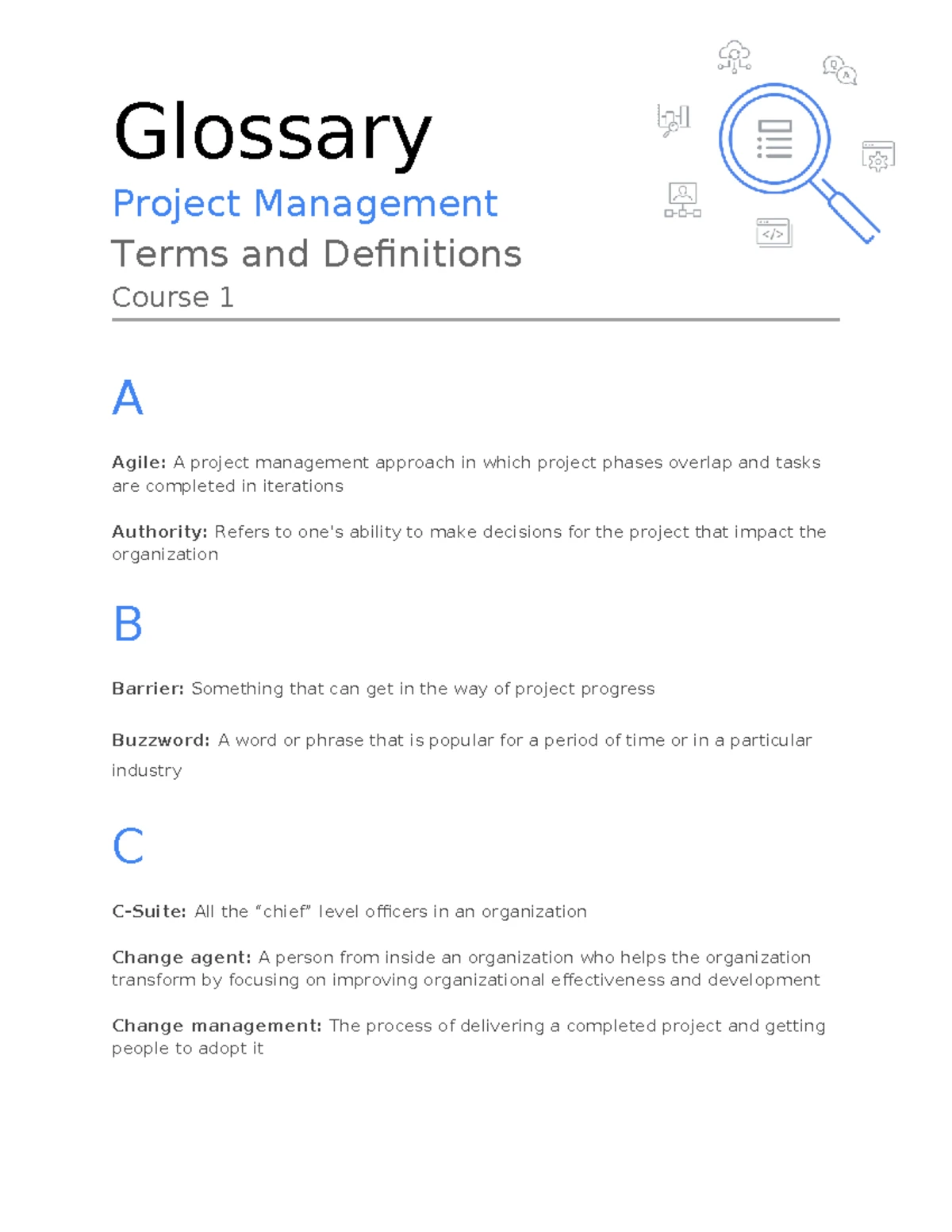 Glossary of Project Management Terms - Course 3 B - Studocu