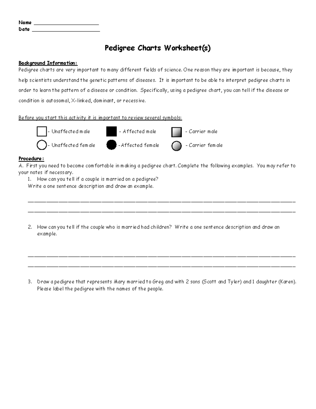 Pedigree Charts Worksheet for Genetics Analysis and Interpretation ...