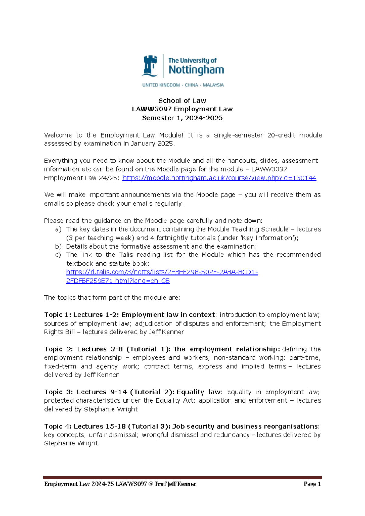 LAWW3097 Employment Law 2024-25: Lecture Notes for Topics 1-2 - Studocu