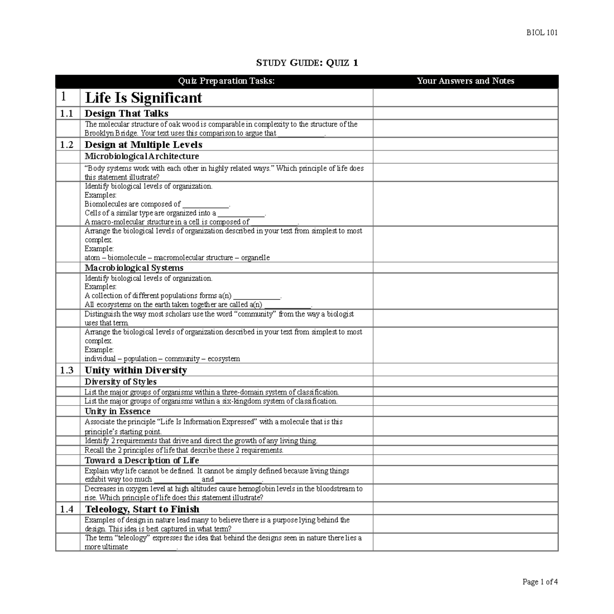 Study Guide for Quiz 1: Understanding Life and Design Principles - Studocu