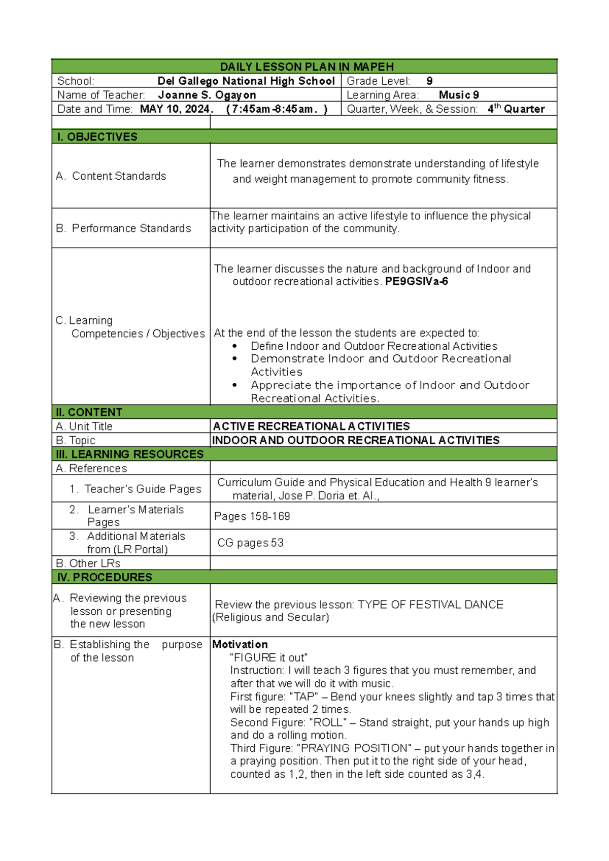 2024 MAPEH 9 Daily Lesson Plan: Indoor & Outdoor Activities - Studocu