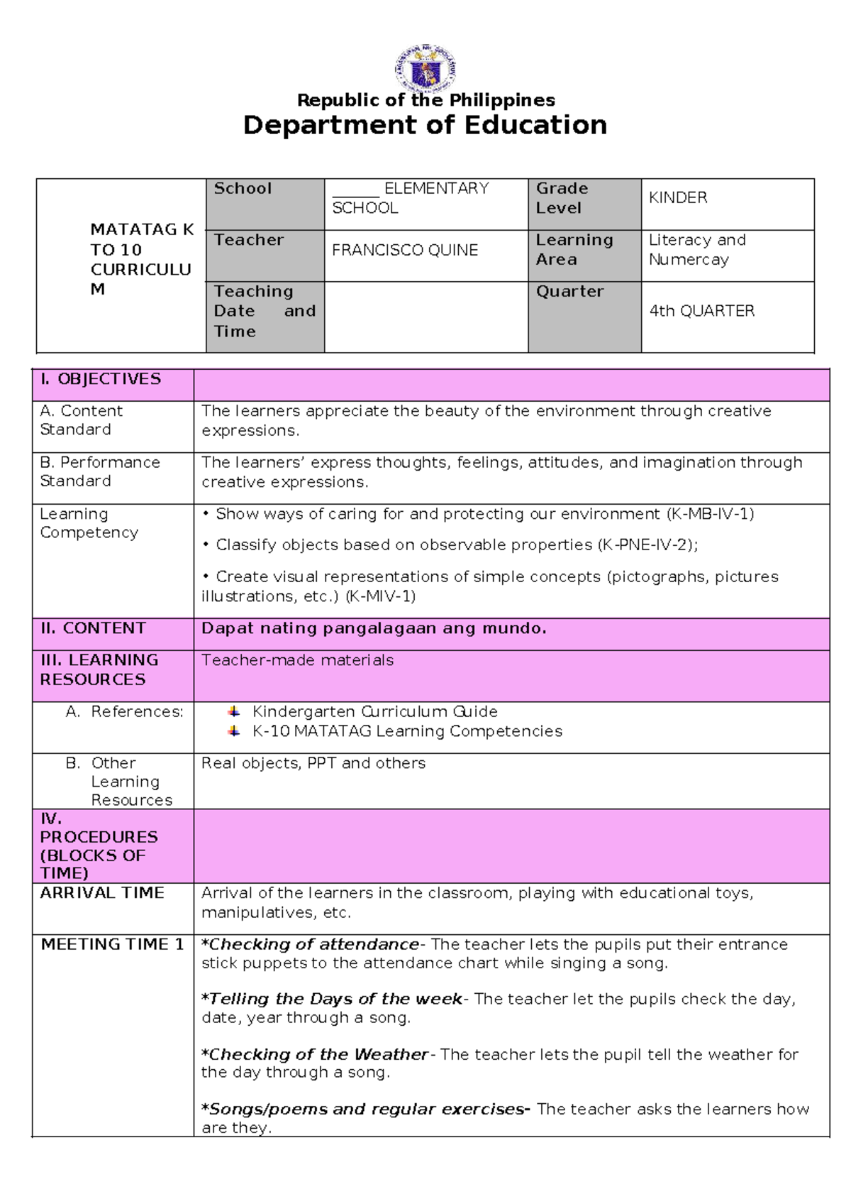 Kinder MATATAG Lesson Plan with Indicators and Annotations - Studocu