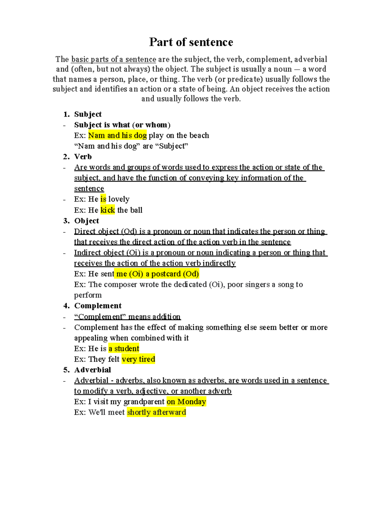 Part of sentence - none - Part of sentence The basic parts of a ...