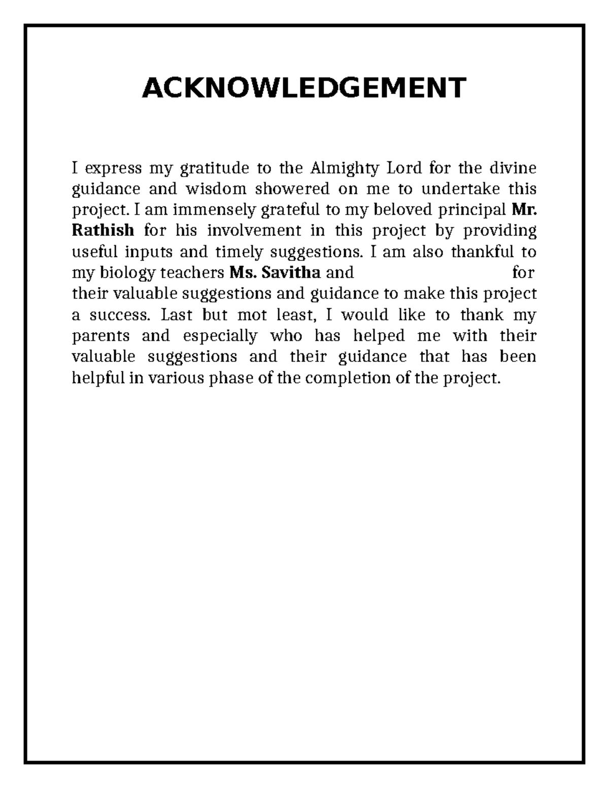 Acknowledgement of Support for Project Completion - Studocu