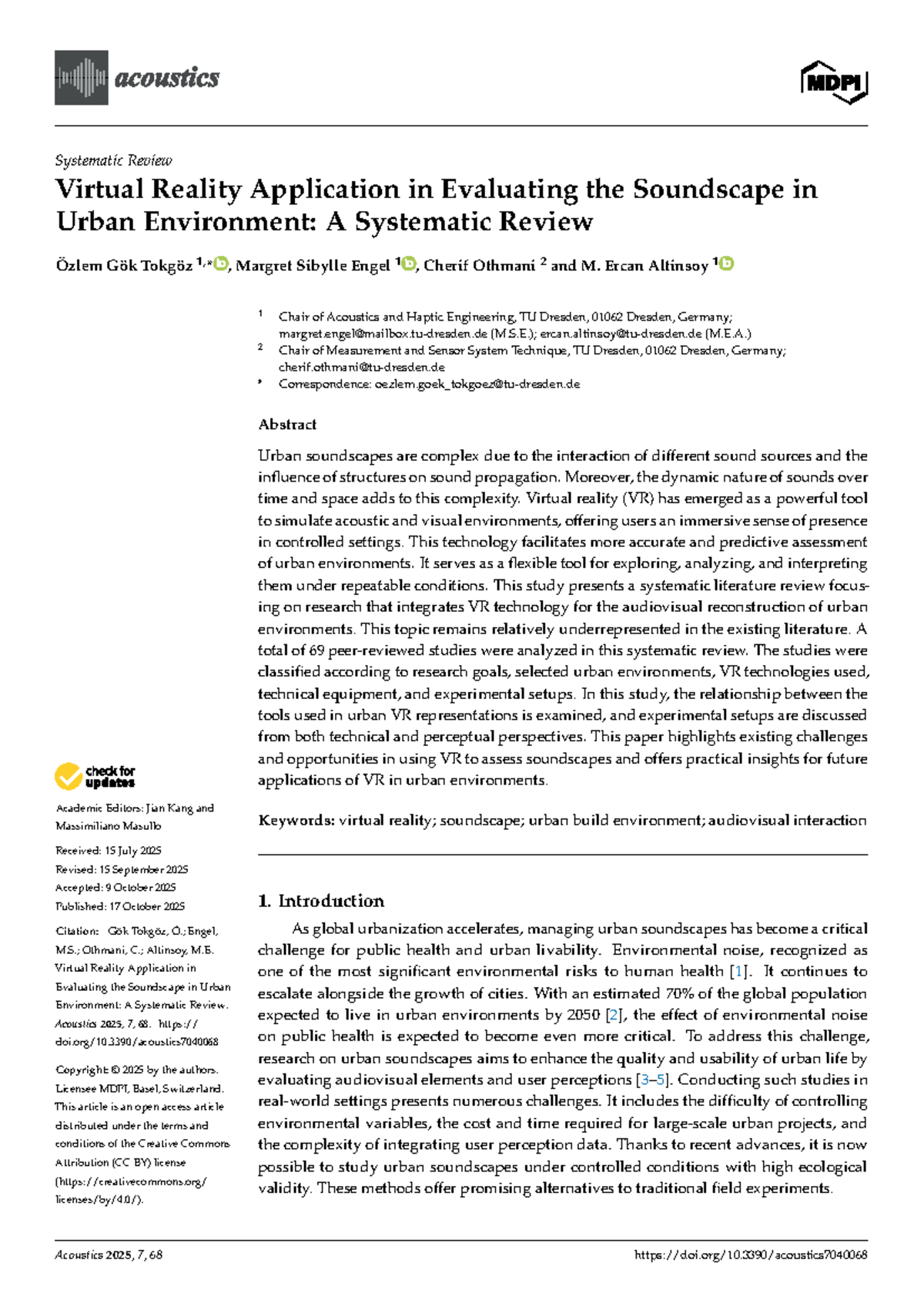 Systematic Review of VR Applications in Urban Soundscape Evaluation ...