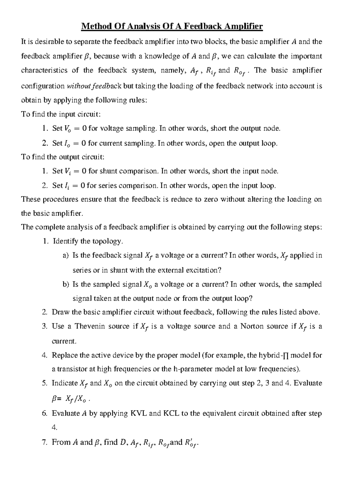 Feedback Amplifier Table - Method Of Analysis Of A Feedback Amplifier ...