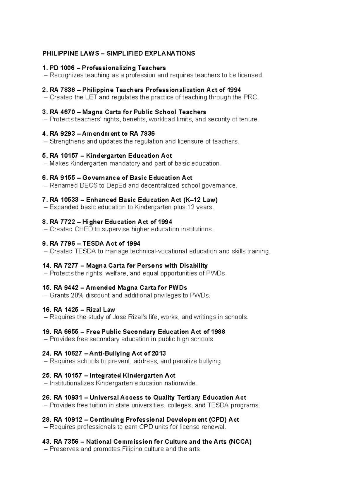 PHILIPPINE LAWS SIMPLIFIED EXPLANATIONS: KEY LEGISLATIONS - Studocu