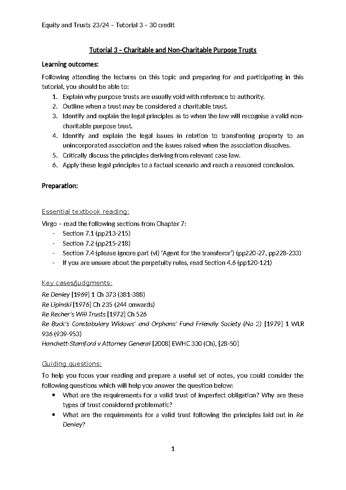Equity and Trusts 23/24 – Tutorial 3 – Purpose Trusts Overview - Studocu