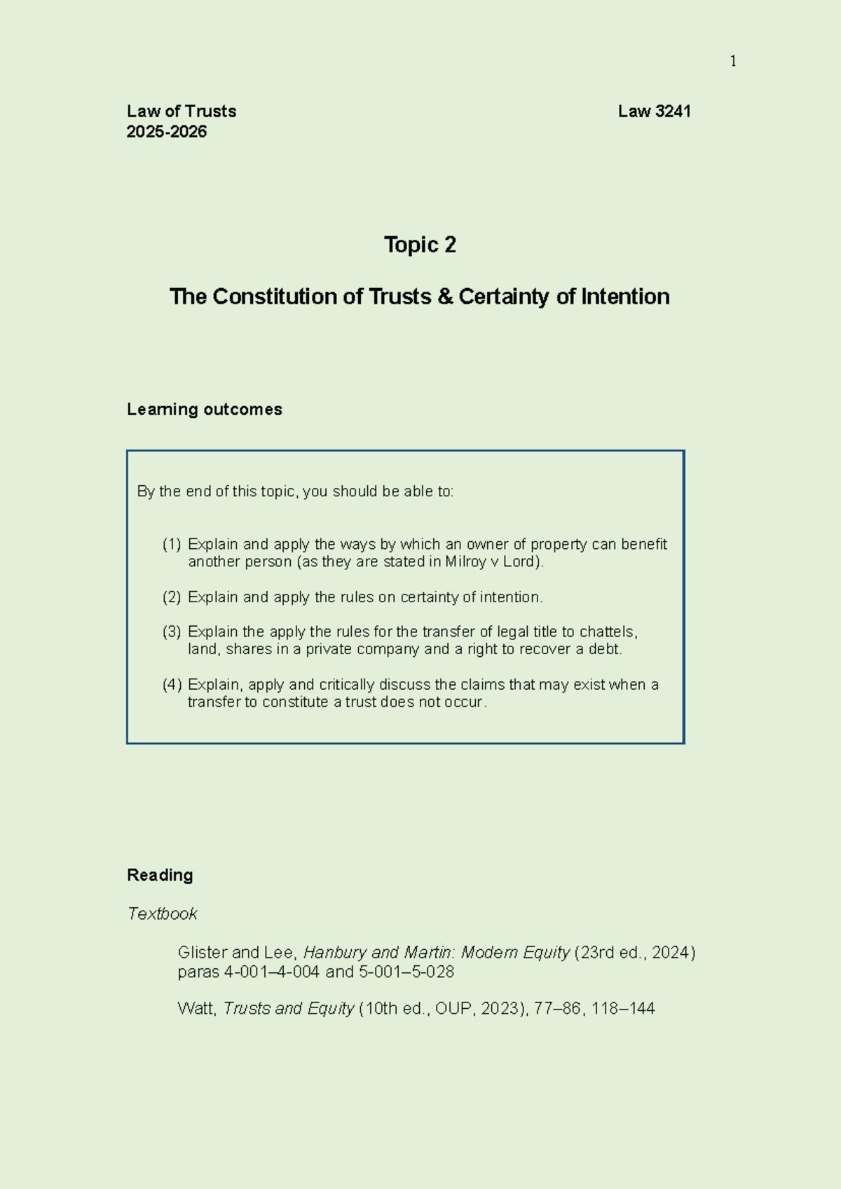 Law 3241 Trusts 2 - The Constitution of Trusts and Certainty of ...