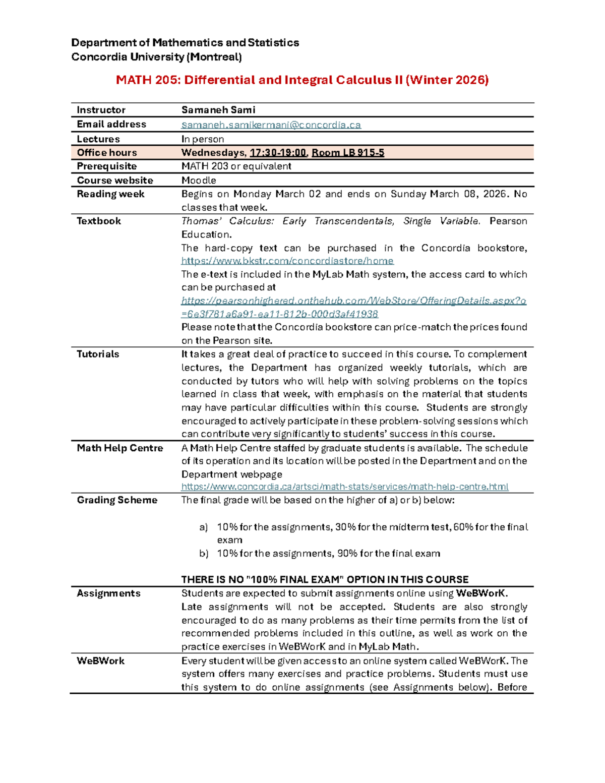 MATH 205: Course Outline for Differential and Integral Calculus II ...