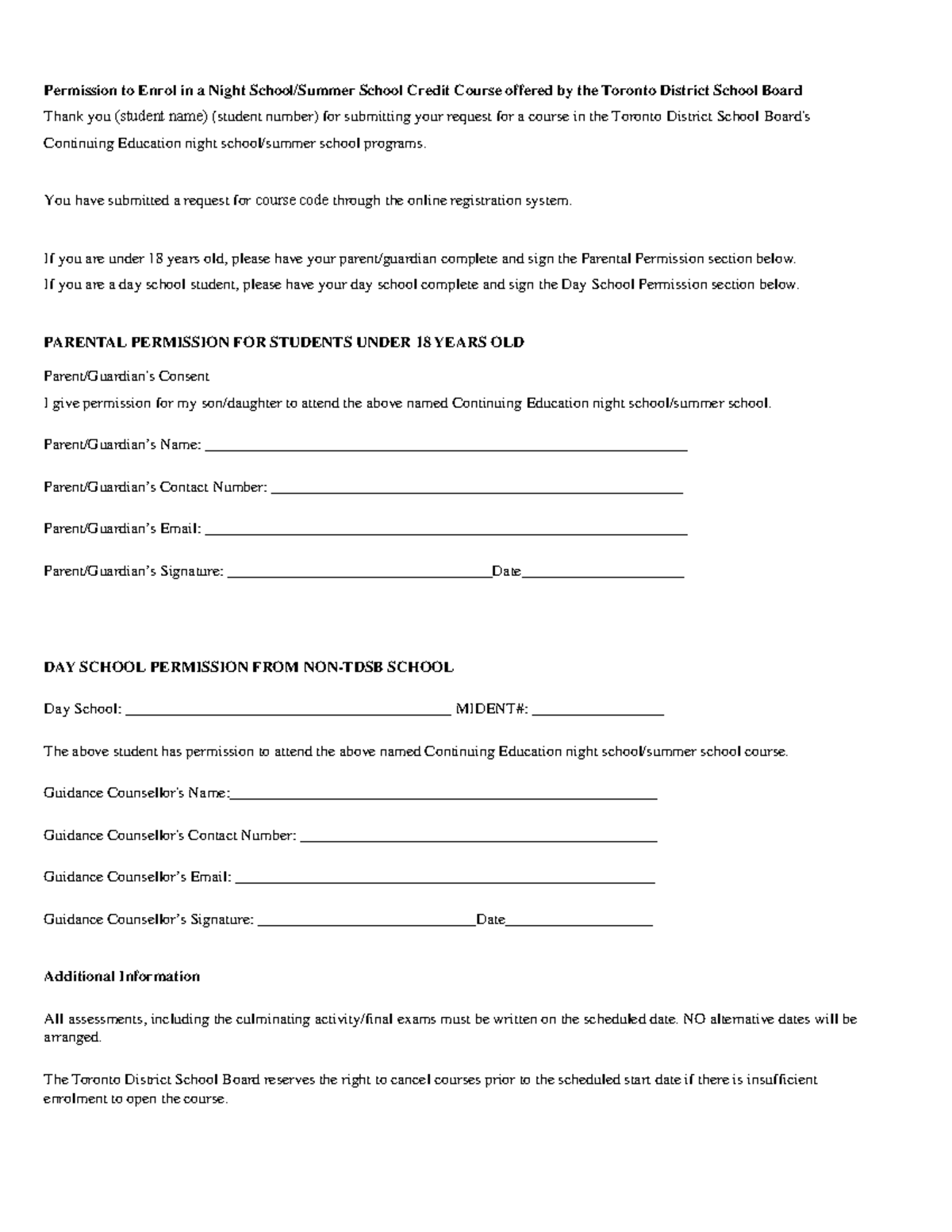TDSB Summer School Course Consent Form (Parental Signature Required ...