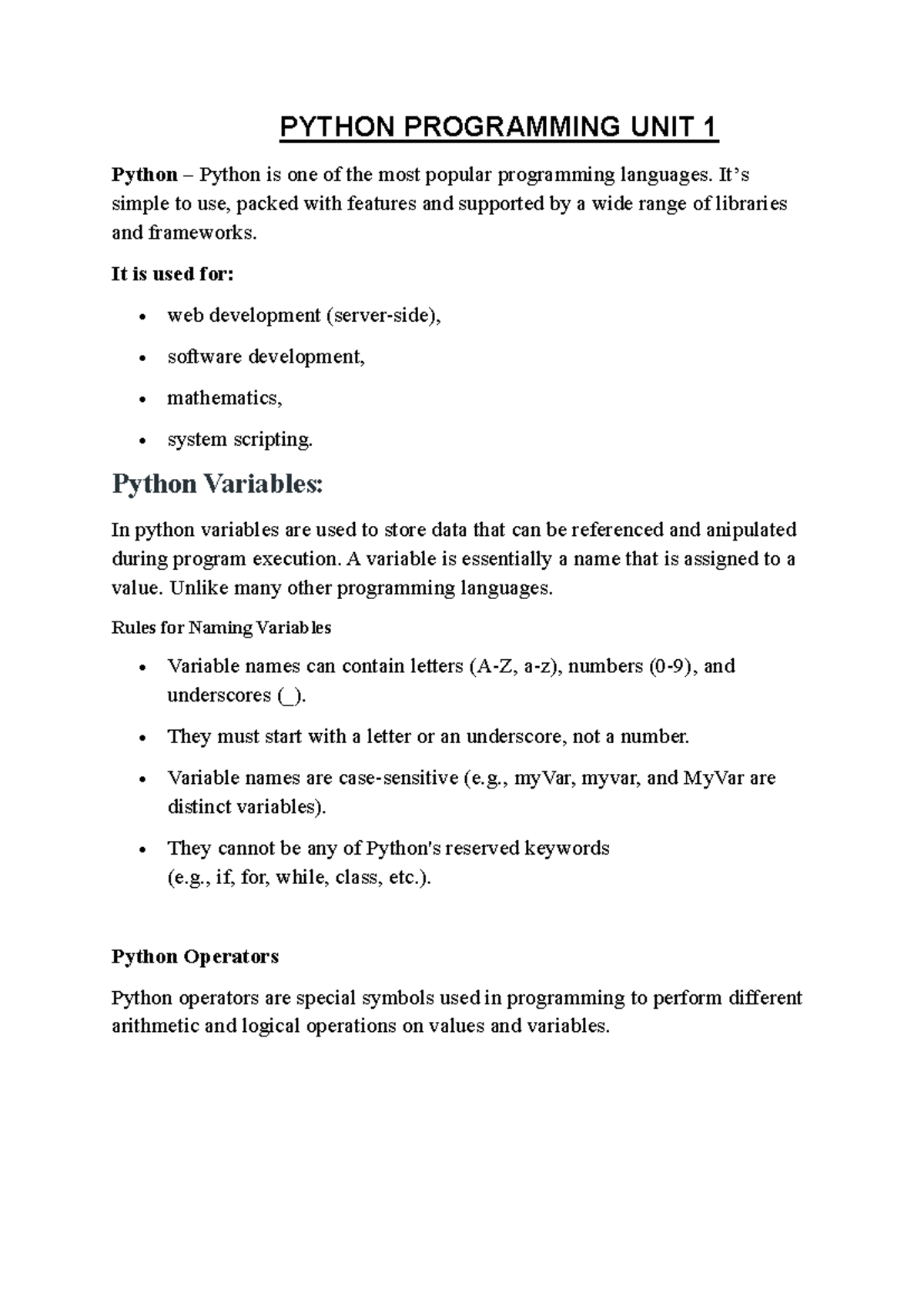 PYTHON PROGRAMMING UNIT 1: Introduction to Variables and Data Types ...