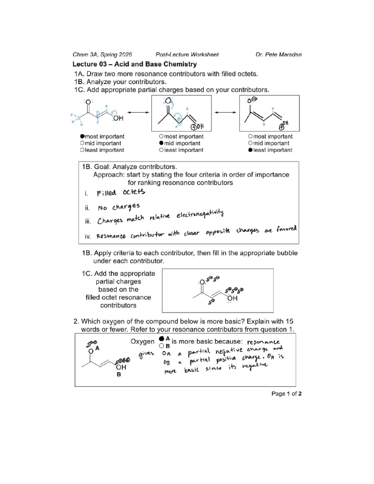Chem 3A Spring 2026 Lecture 03 Worksheet: Acid & Base Resonance ...